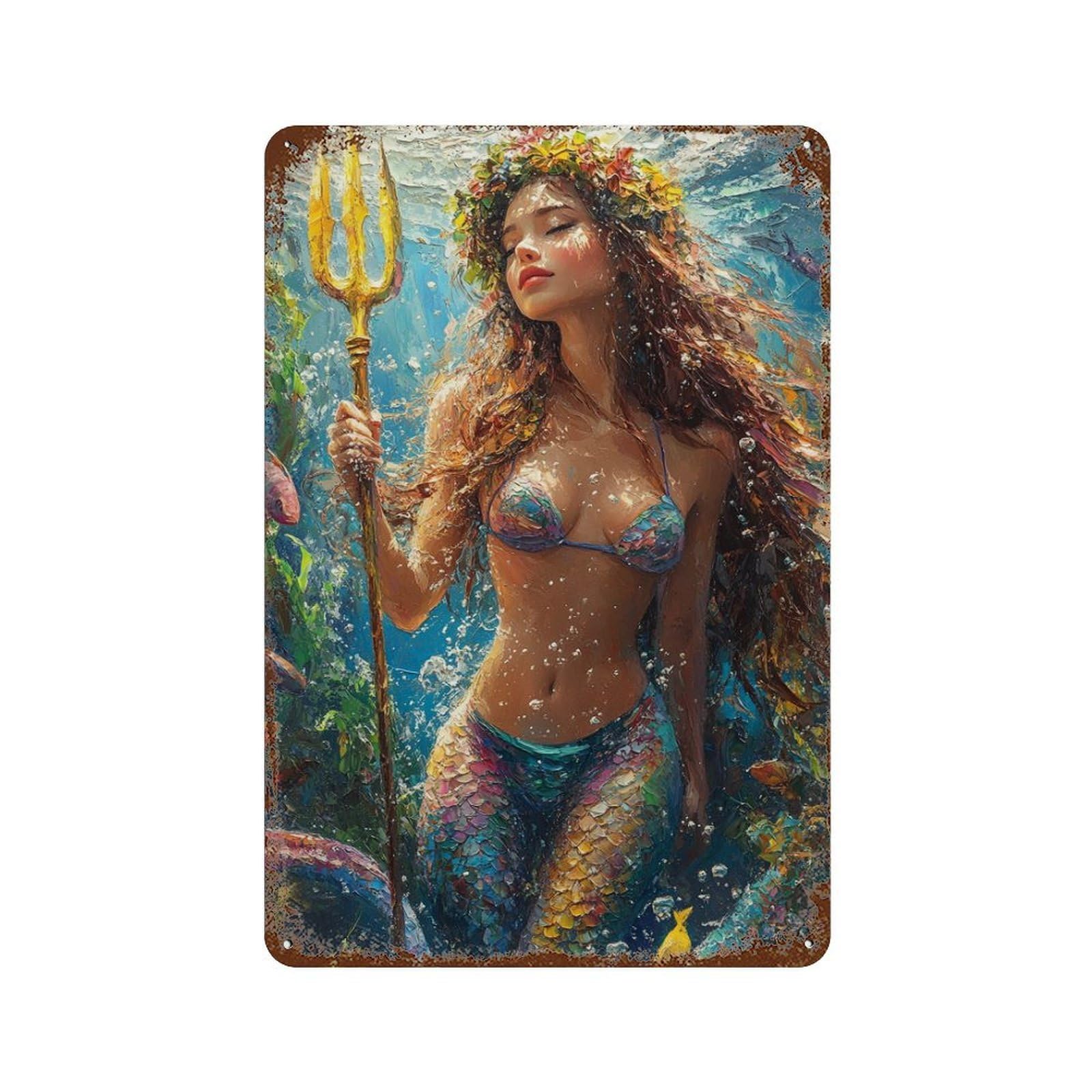 Retro Metal Sign Mermaid with Trident Underwater 11.8"x7.9", Retro Wall Decor for Living Room, Hallway And Home Decor