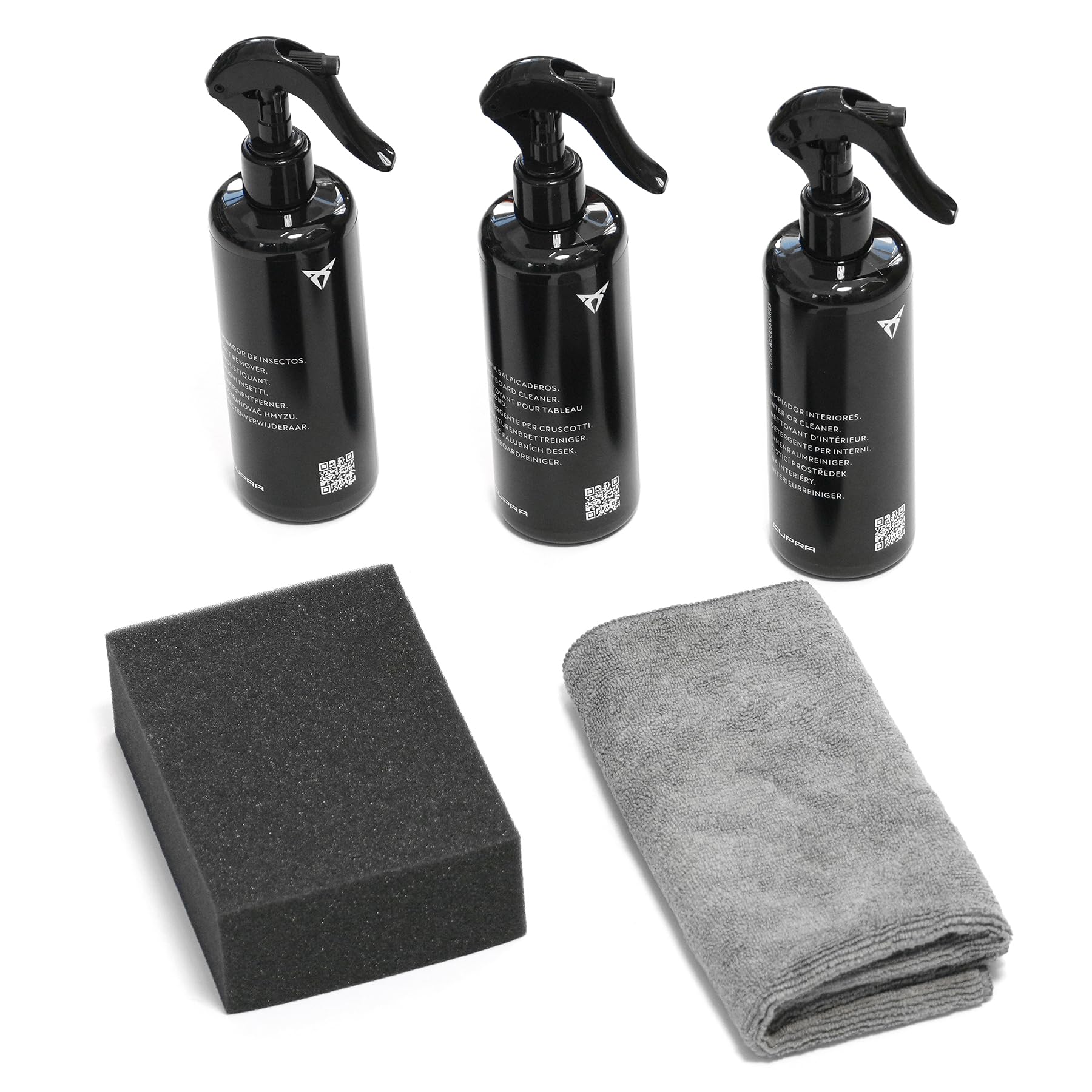 CUPRA Original Reinigungsset für Innen und Außen, 3 Sprays à 300 ml, mit Mikrofasertuch und Schwamm, für Armaturenbrett und Insekten