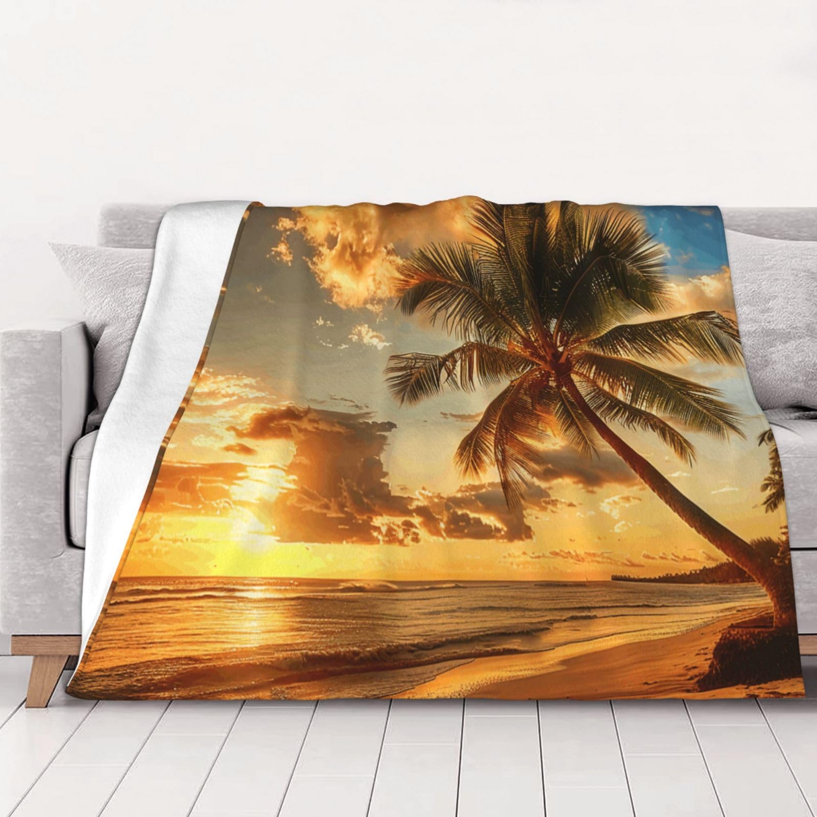 AUBKFELD Sunset Hawaiian Palm Tree Printed Flannel Blanket 102x76 CM, Soft & Warm Throw Blanket for Sofa/Couch/Bed/Car, Gifts for Audlts Women Men
