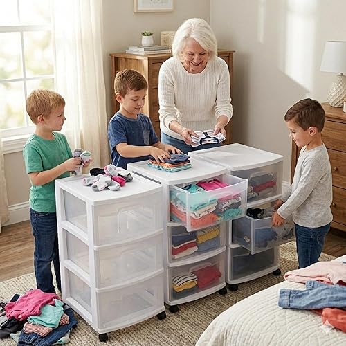 Miniatura 7 de Carrito de cajón de almacenamiento de plástico, color sólido, blanco, mediano, para organización del hogar, con 3 cajones grandes, ruedas