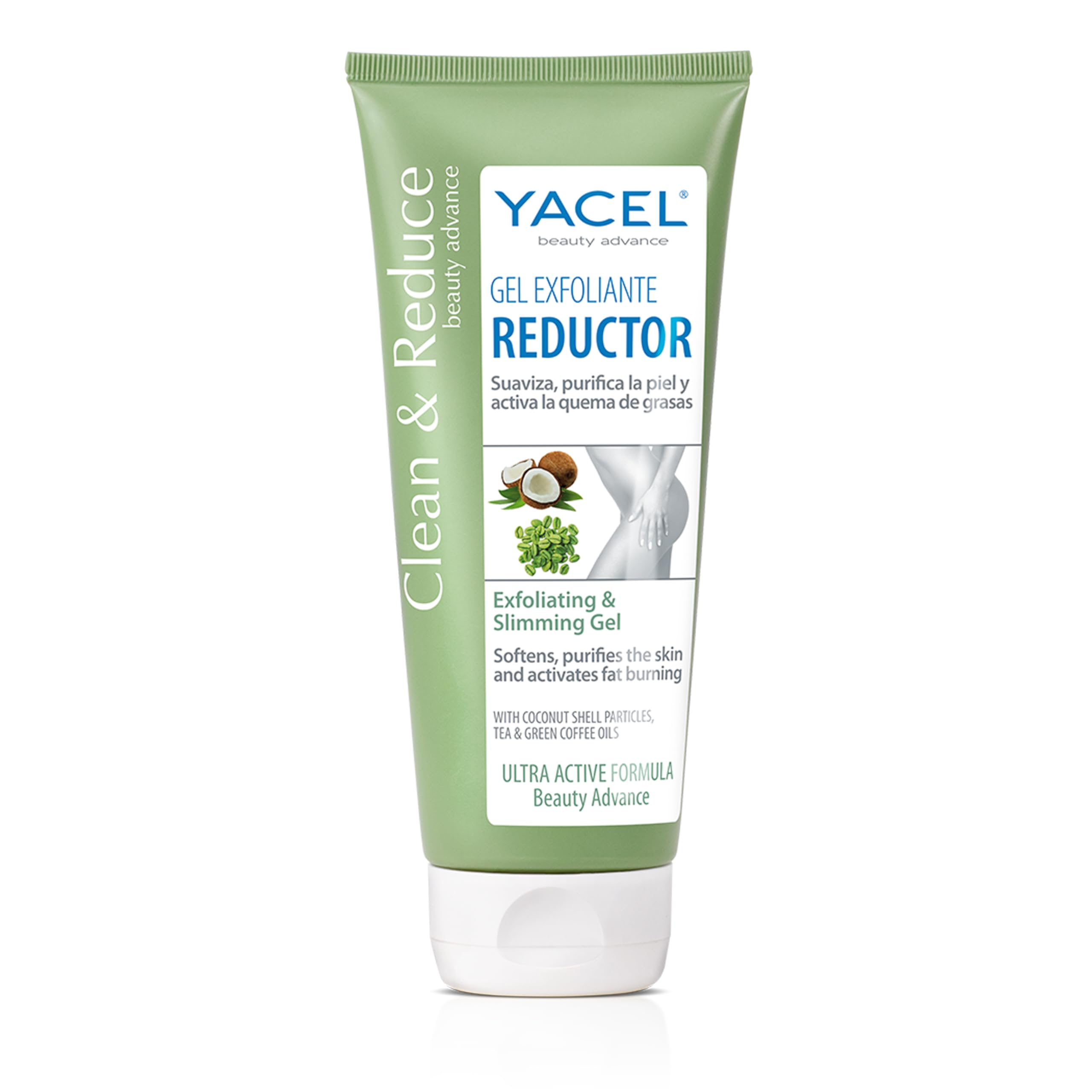 Yacel Clean & Reduce, Gel Exfoliante Reductor, con Cáscara de Coco y Aceite de Té y Café Verde, 200Ml