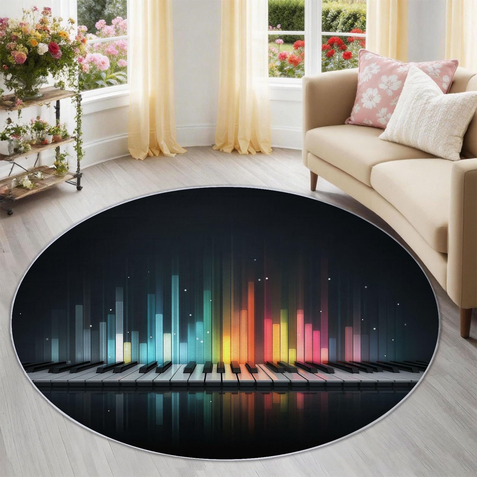 Generisch Teppich Rund 180 cm Musik Keyboard Streifen, Kurzflor Waschbar rutschfest, Runde Teppiche für Wohnzimmer Schlafzimmer Esszimmer Kinderzimmer Künstler, Schwarz