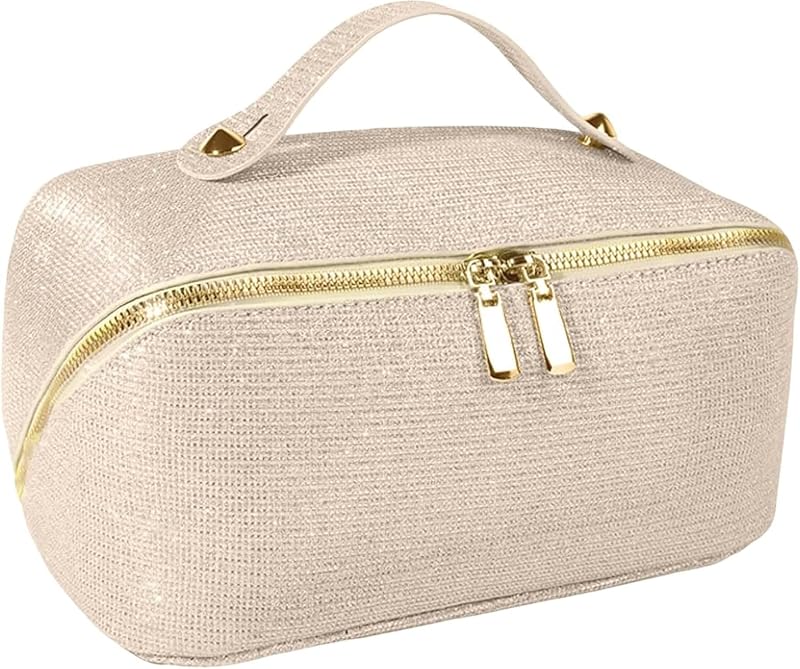Necessaire para maquiagem JeeVoya em couro PU, dourada, com divisórias e abertura de 180° — 1 unidade