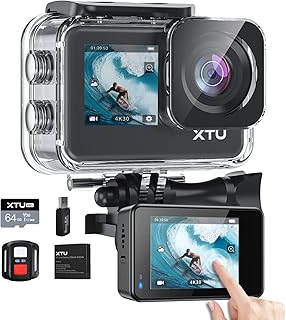 XTU Camera Sport 4K avec Carte SD 64Go – Cam Sport 4K Étanche 40M, Caméra Action Grand Angle 170°, Stabilisation EIS, Doub…