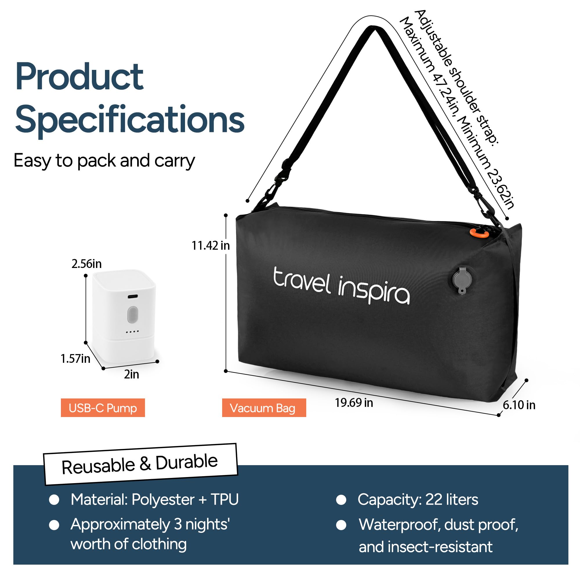travel inspira Sacchetti sottovuoto per valigie da viaggio, sacchetti di compressione per zaino, borsa salvaspazio per abbigliamento o biancheria da letto