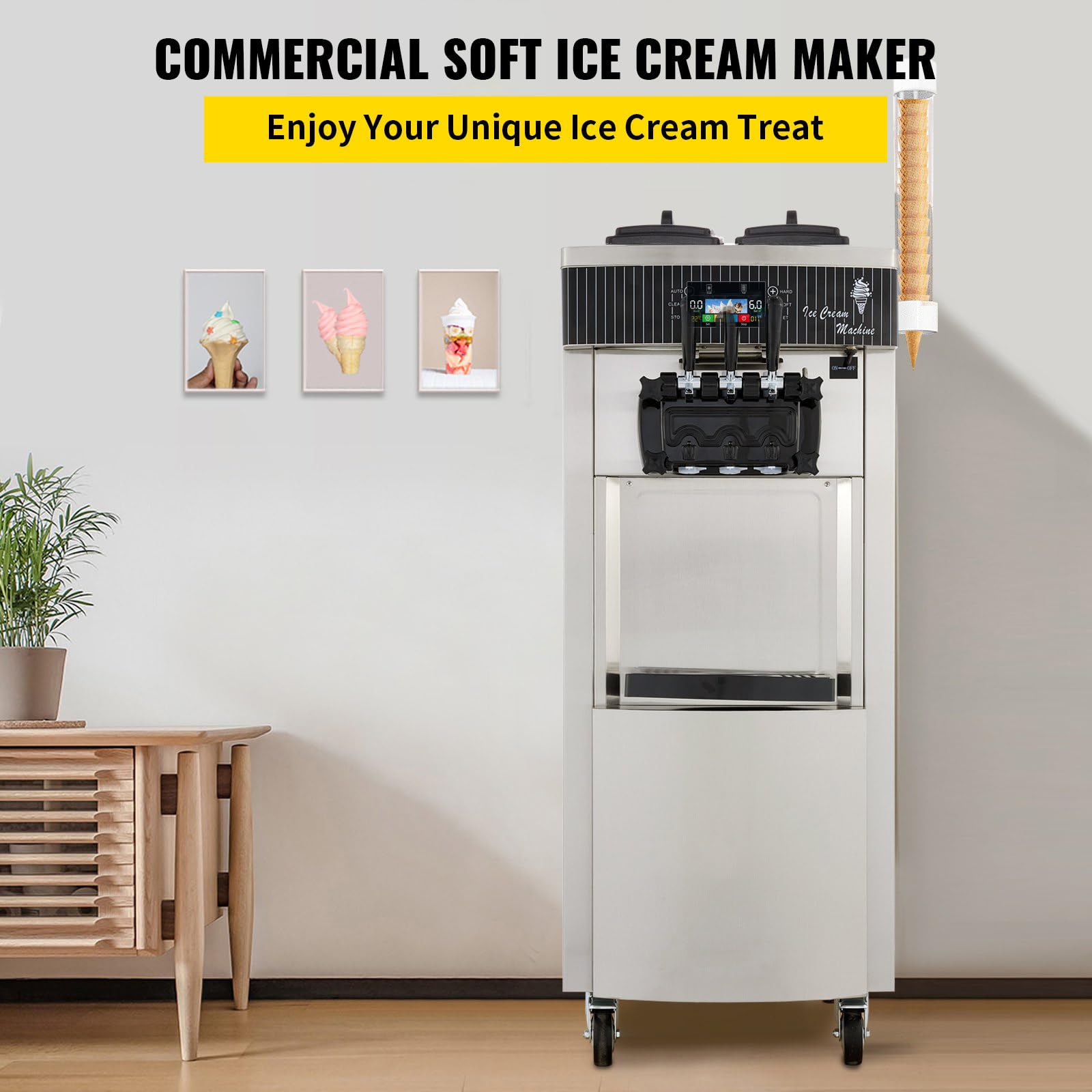 Macchina per Gelato Commerciale 20-28L/h 2200W 3 Sapori, Macchina Gelato Soft Professionale,Pannello LED per Pulizia Automatica, Refrigerazione Notte, per Yogurt Caffè Snack-Bar