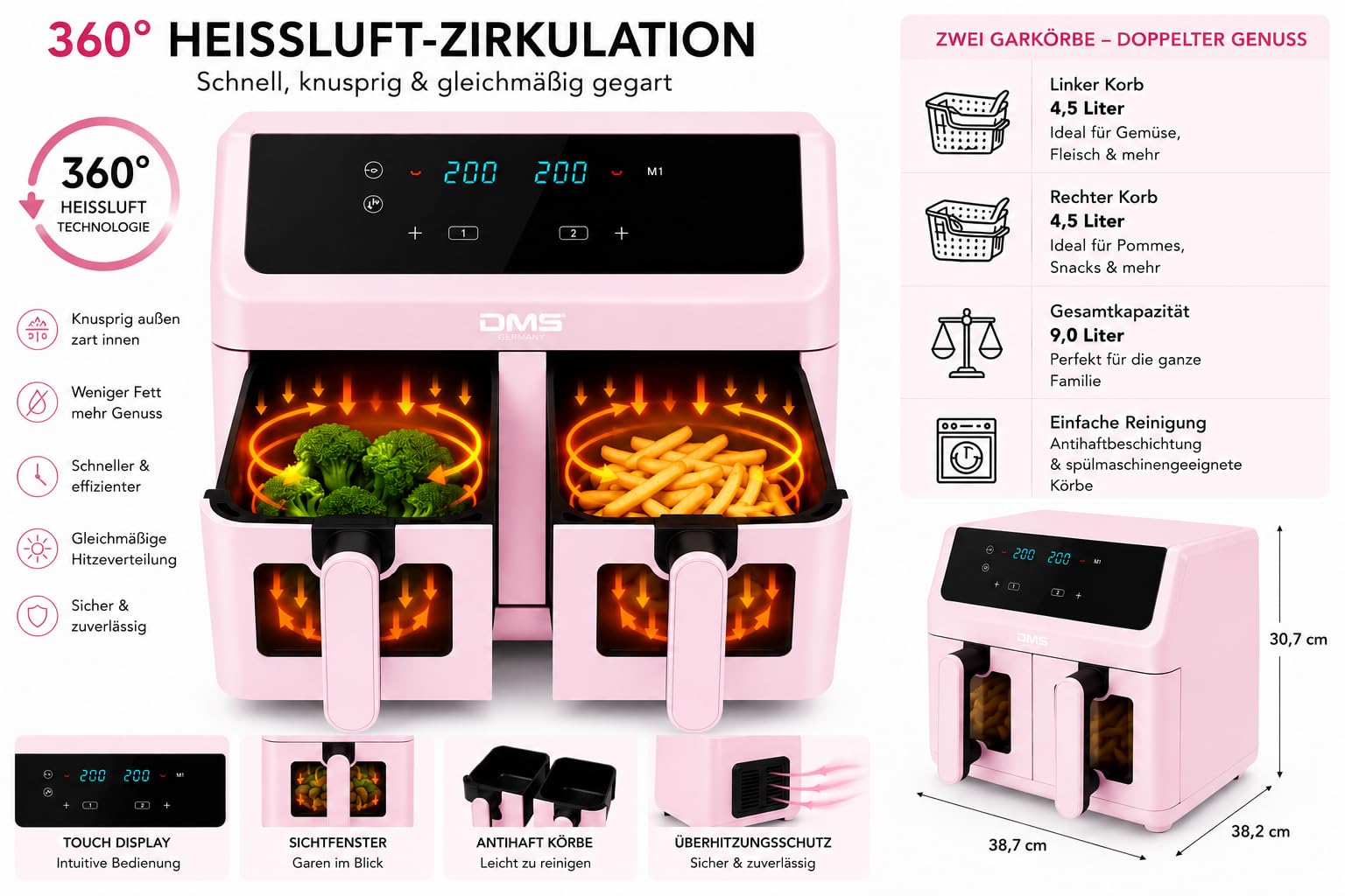 DMS® Doppelkammer Heißluftfritteuse 9L 2000W Air Fryer, Digitales Touch-Display, Dual Zone, 8 Automatikprogramme, 65–200°C