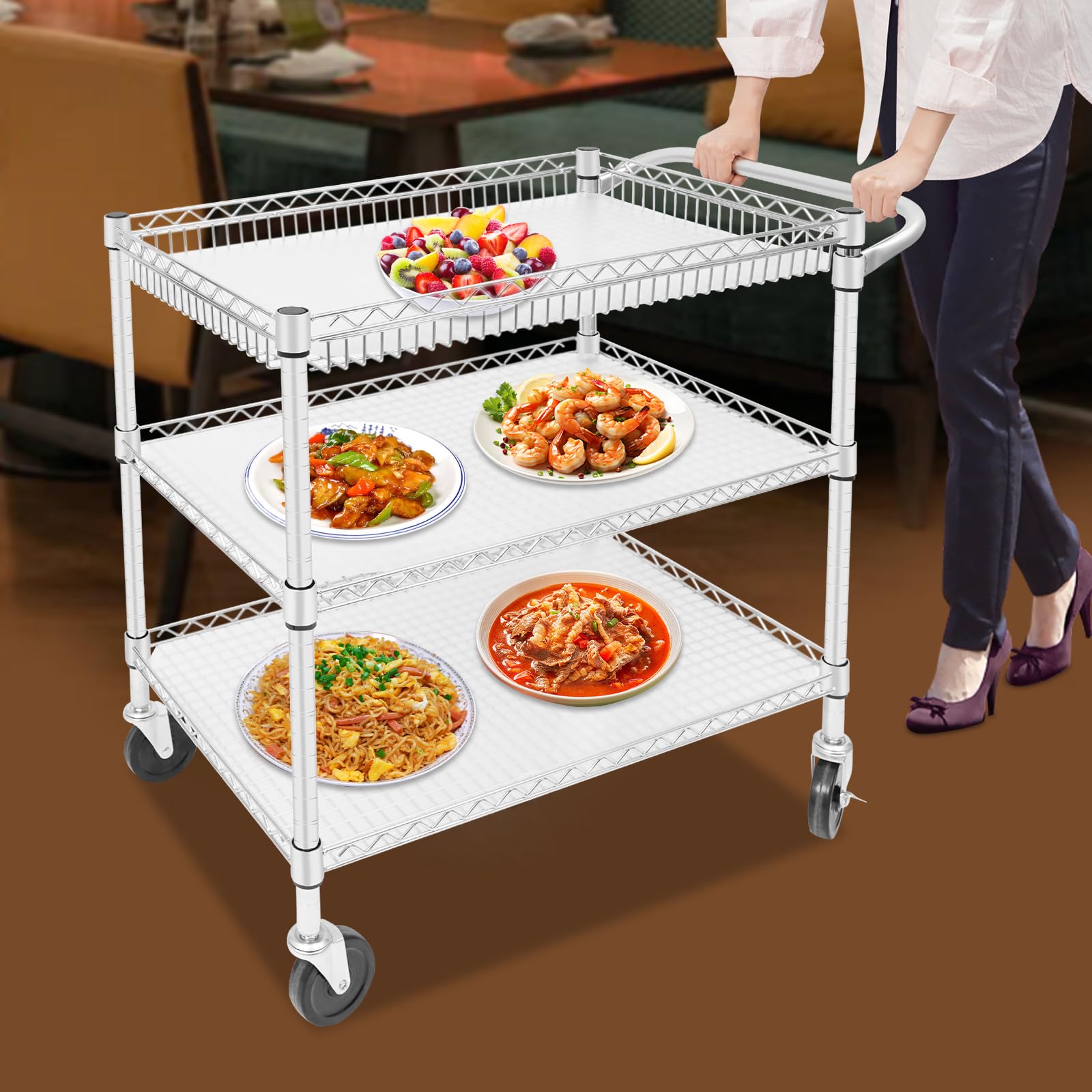 Carrello di servizio in acciaio al carbonio, 3 livelli, 4 ruote girevoli (2 con freni), capacità 150 kg per scaffale, vassoi in PP regolabili, per cucina, hotel e casa