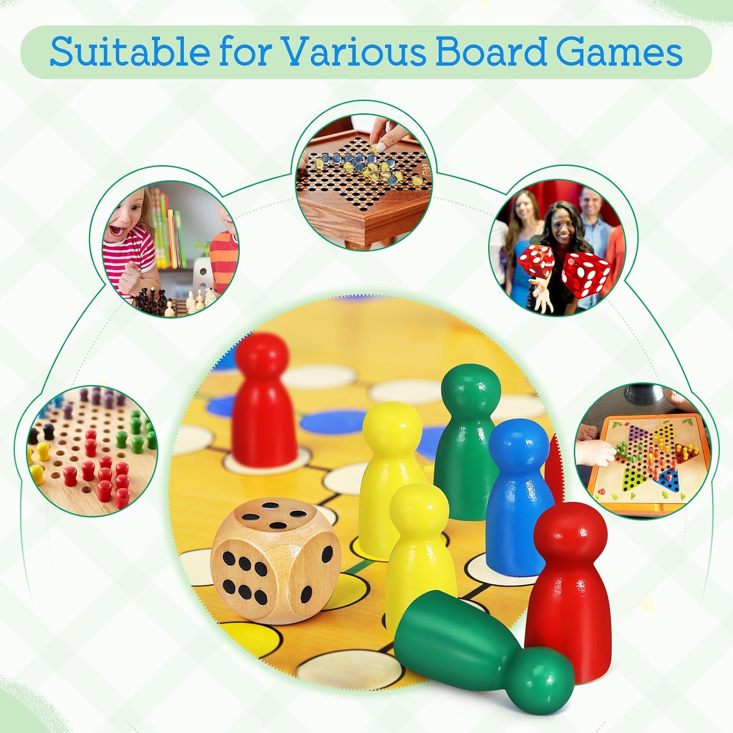 Wooden Checkers Pieces Set 16pcs 2.5x1.2cm Pawns 1.6cm Dice for Family Board Games and School Activities Replacement Chess Game Tokens image 3