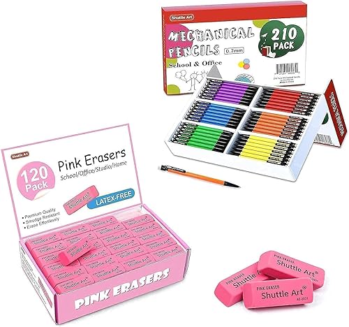 Shuttle Art Paquete de lápices mecánicos y borradores, juego de 210 lápices mecánicos a granel + 120 borradores rosados a granel