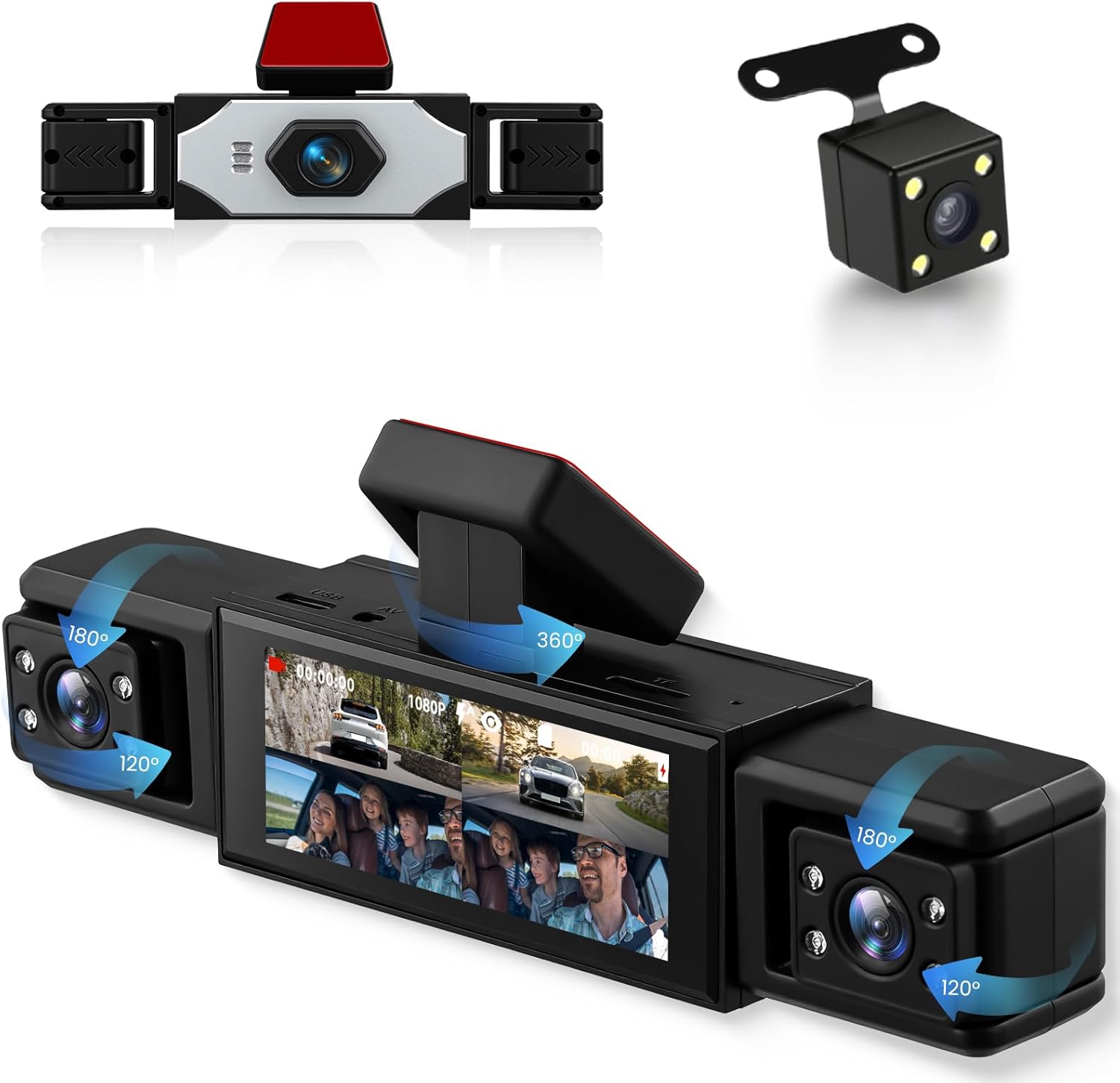 360° Dash Cam 1080P Front+480P Rear Left Right, 4 Channel Dash Cam for Car, 3.16 Inch IPS Dashcams with Night Vision, Loop Recording, Motion Detection, 24/7 Parking Monitor, Reversing Help