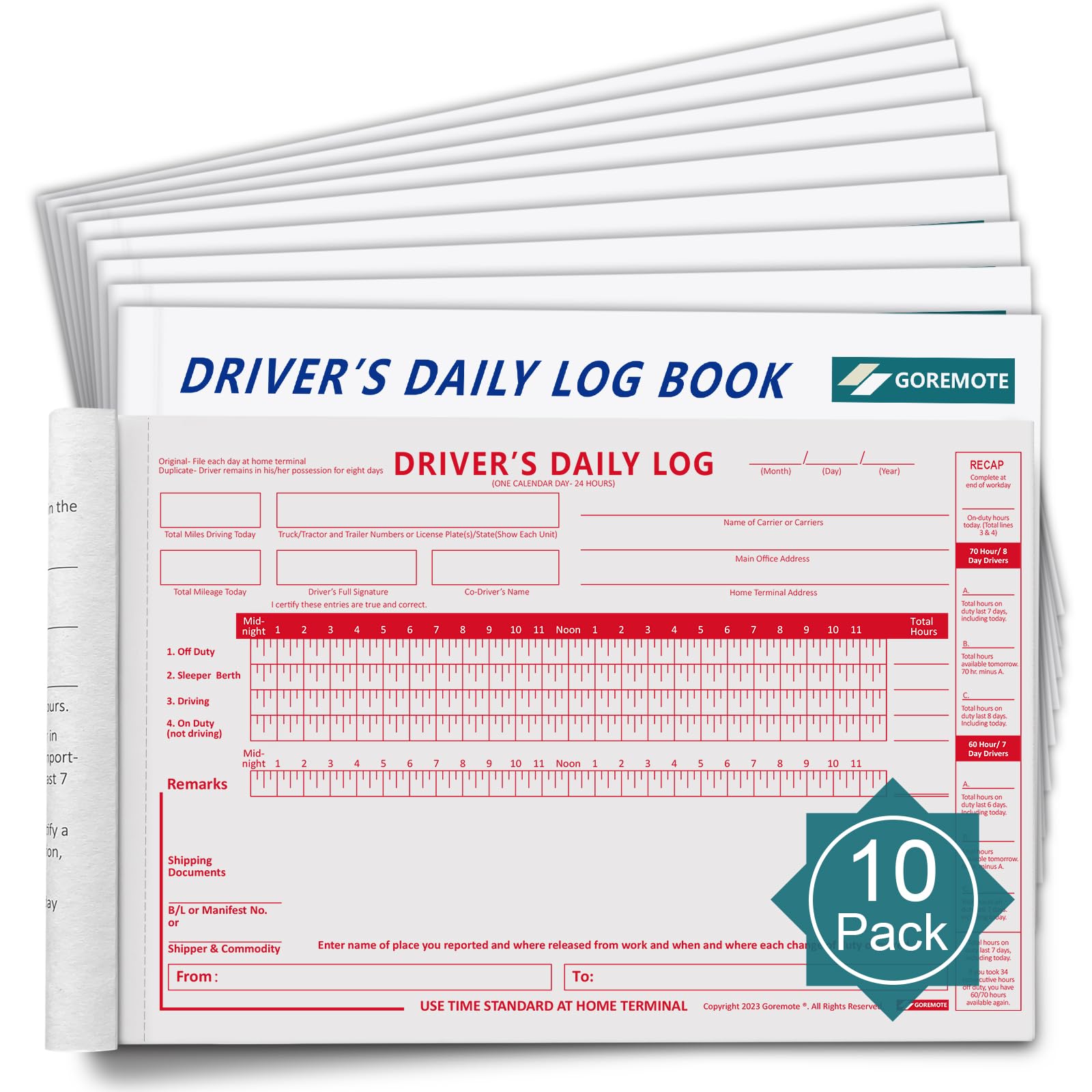 Daily Log Books for Truck Drivers with 7 & 8 Day Recap, 10 Pack, 2-Ply Carbonless, 35 Sets of Forms per Book, 8.5" x 5.5", Paper Driver Log Books for