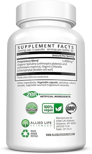 Miniatura 4 de Allied Life espirulina y clorela. Cápsulas de proteínas en polvo de clorofila veganas y orgánicas 120 cápsulas