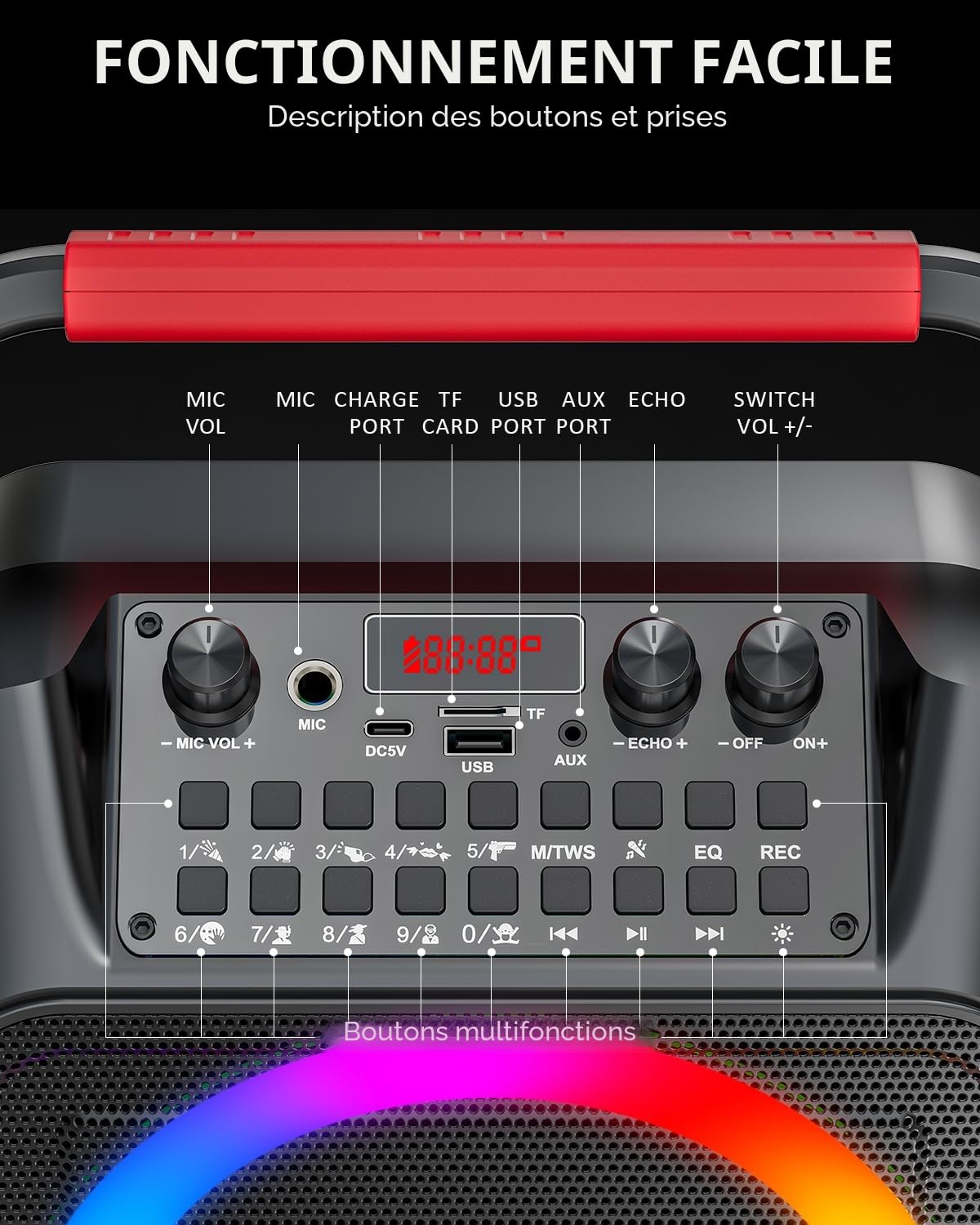 Machine karaoké pour Adultes,Enceinte Bluetooth Portable avec 2 Microphones. Karaoké Professionnel pour Les fêtes avec lumière LED,Support USB/TF/AUX/MIC/TWS.Présent de fête,DJ