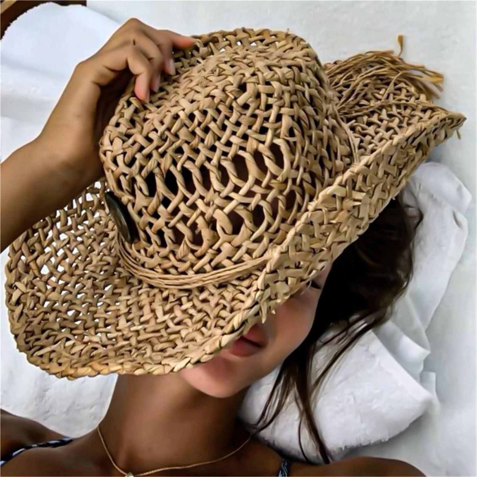 cappello paglia cowboy Cappello di paglia Boho vintage da spiaggia estiva | Donna Uomo Cappelli da cowboy occidentali Perline di legno Scava fuori il cappello da sole