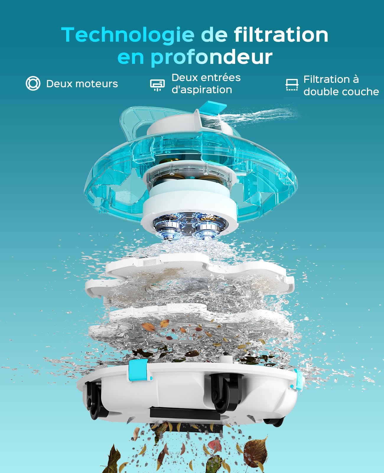 WINNY POOL CLEANER Winny 200 Robot Piscine, Aspirateur Piscine sans Fil avec Batterie, Autonomie 80 Min pour Piscines Hors-Sol 60 m², Double Filtration, Stationnement Automatique(Bleu Transparent)