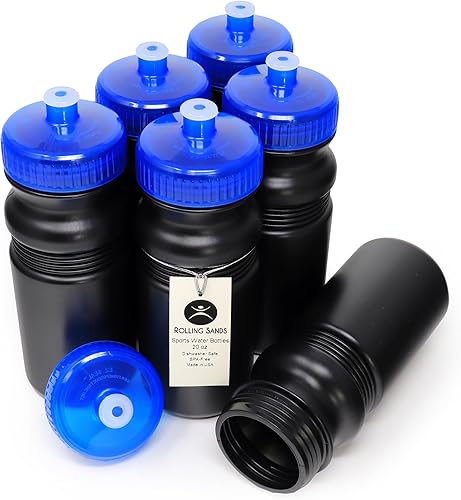 Rolling Sands Botellas de agua a granel de 20 onzas, paquete de 6, fabricadas en Estados Unidos, sin BPA, botella deportiva de plástico reutilizable