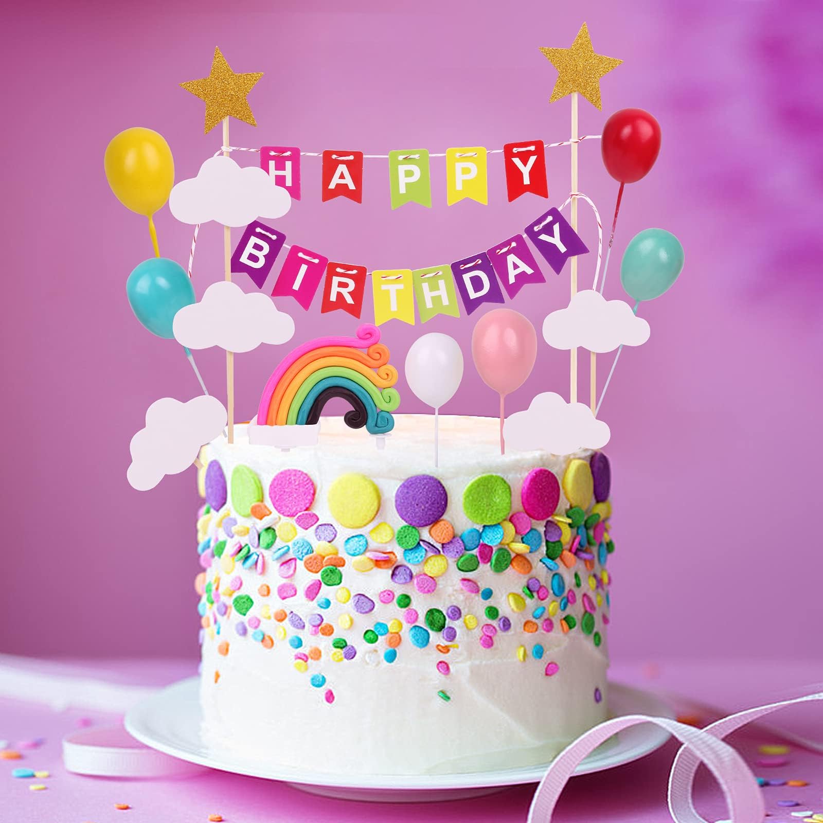 Rainbow Cake Topper,Happy Birthday Cake Flags,15Pcs Cake Topper Set, Colorful Rainbow Clouds Balloon Stars,For Boys Girls Kids Birthday Party Decoration Baby Shower Birthday Party