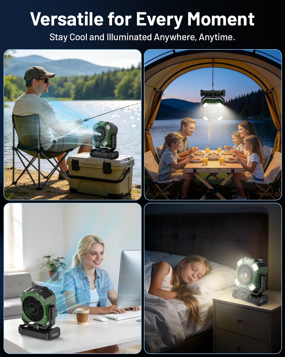 BLBS Ventilatore nebulizzatore portatile, ventole da campeggio con telecomando, batteria ricaricabile 24000 mAh, grande serbatoio d'acqua da 300 ml, 4 velocità, 2 modalità di nebbia, luce LED e gancio