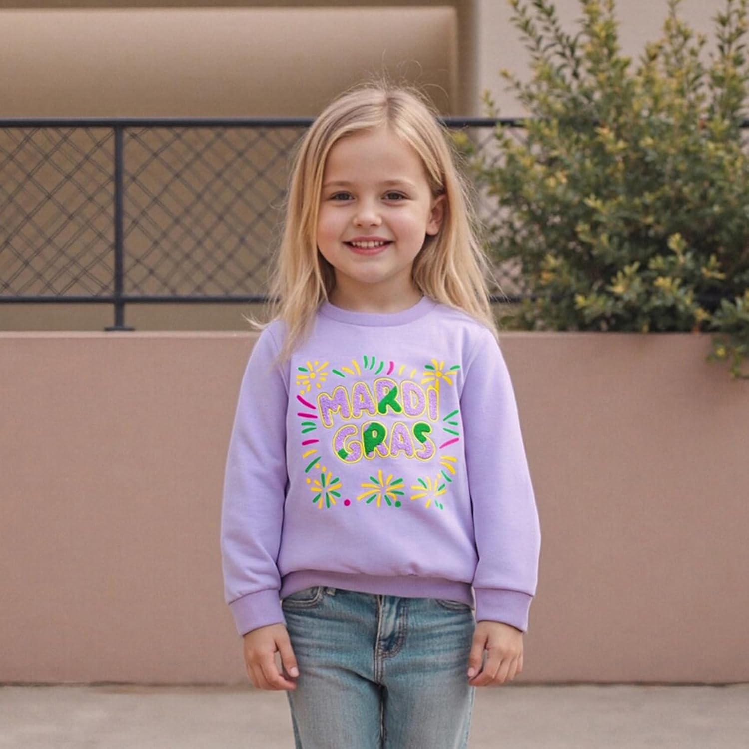 GOOCHEER Toddler Baby Girl Mardi Gras Outfit Fireworks Letter Embroidery Long Sleeve Sweatshirt Crewneck Pullover Top - Image 3