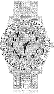 HALUKAKAH Moissanite Diamonds Gold Watch Iced Out, Men\'s Roman Numerals 18k Real Gold/Platinum White Gold Plated Quartz Wristband 24cm, with Cuban Link Necklace Bracelet Set Options,Comes with Giftbox