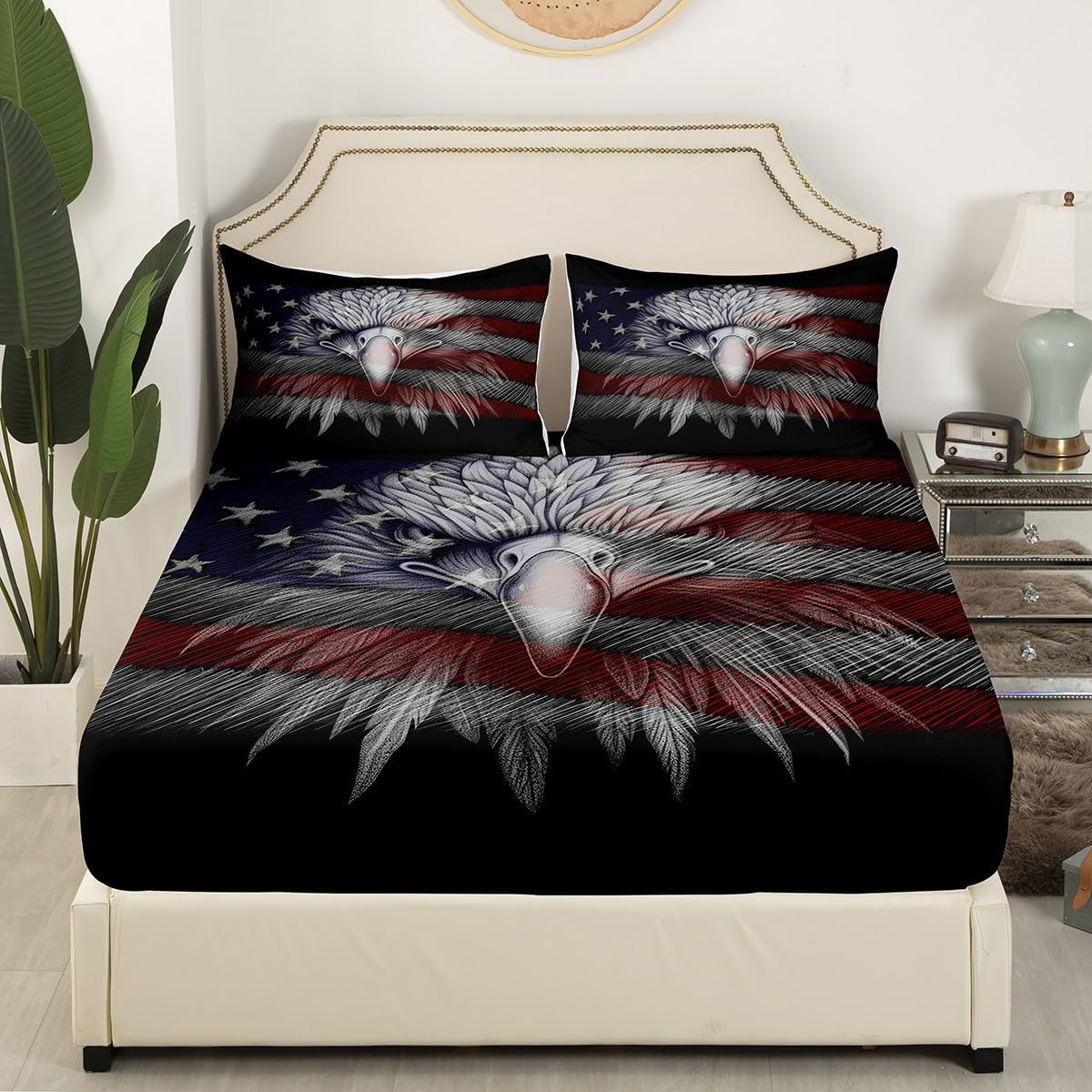 American Flag Eagle Fitted Sheet Cute Eagle USA Flag Bed Sheet Set for Kids Children Teens Independence Eagle Day Bedding Set Black Color Bed Cover No Flat Sheet Bedroom Decor 3Pcs Queen Size
