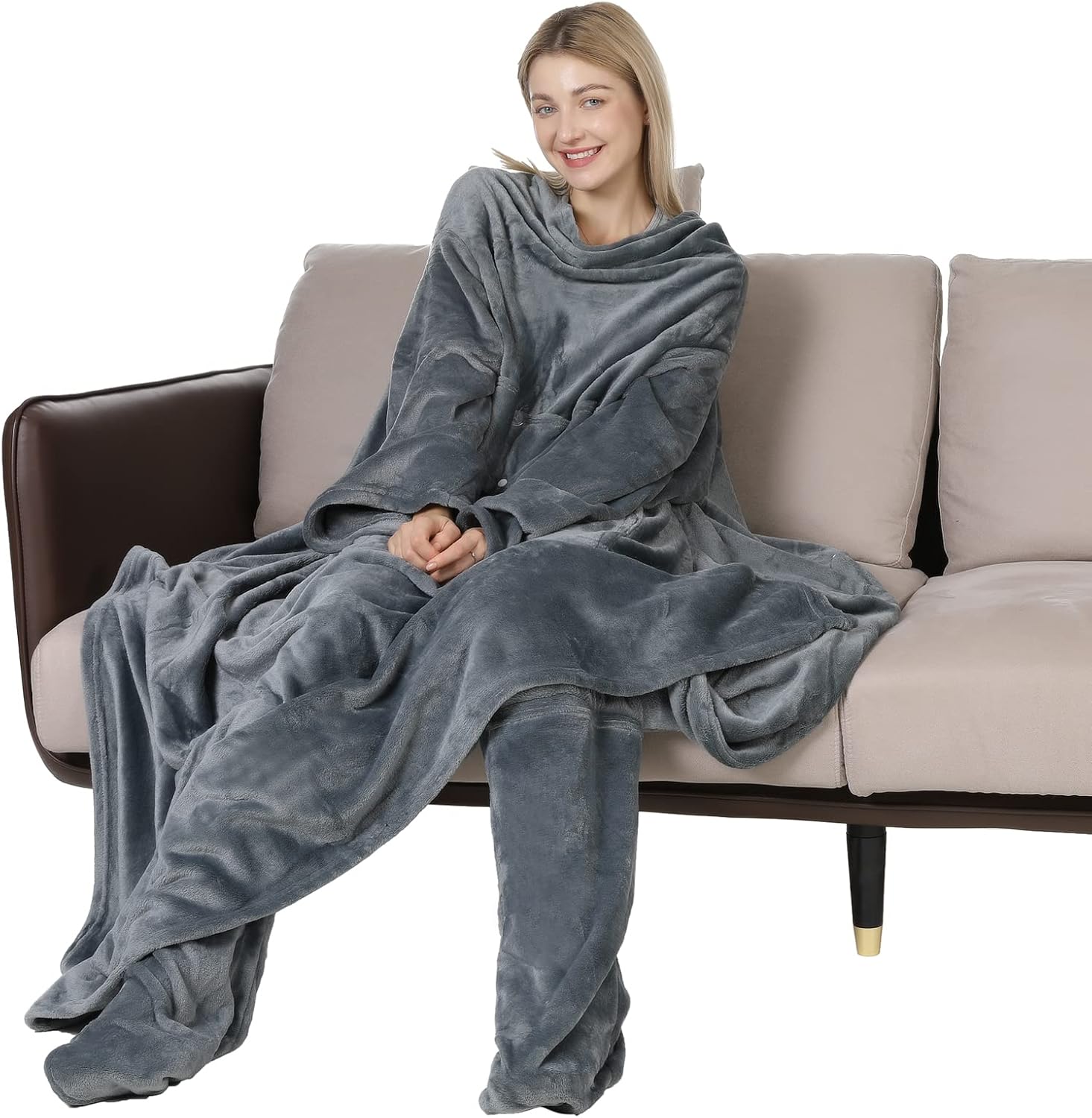 Winthome Wearable Blanket with Sleeves and Feet Pockets, Super Soft Blanket for Adult Women Men, Comfy Warm Fleece TV Throw (Grey, 55.1"X70.8")