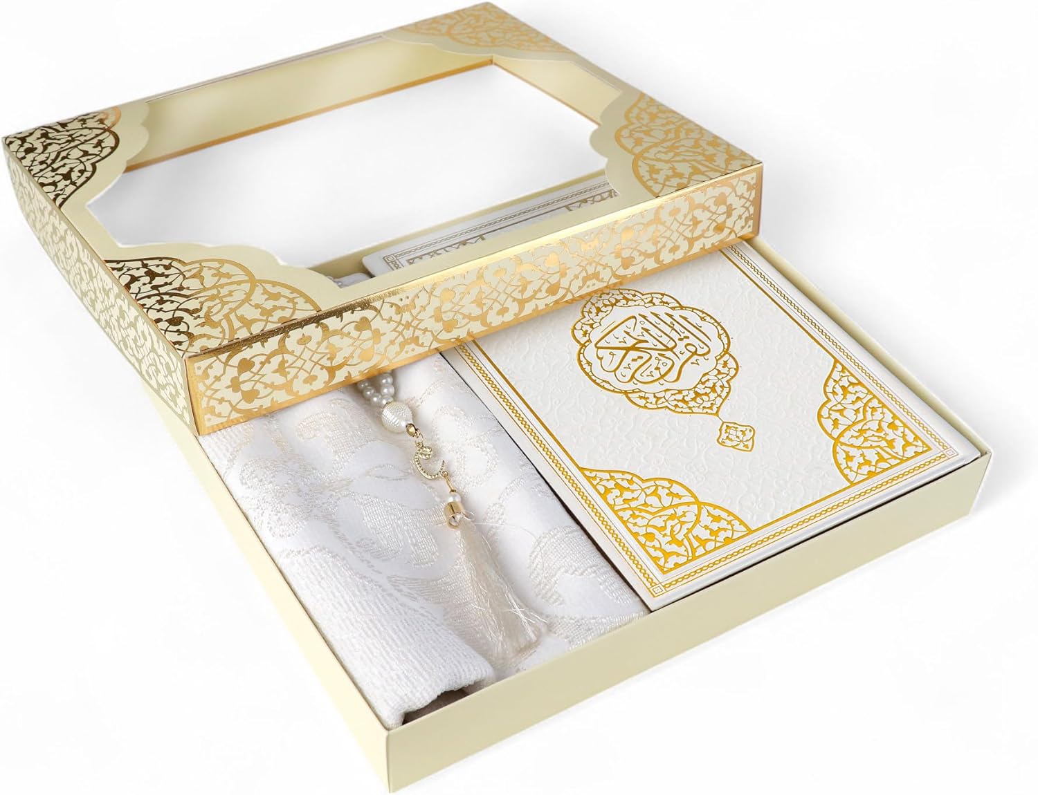 FURKAN Thermo Leather Quran Beige, Prayer Rug and Prayer Beads, Zuhre Gift Box - Cream