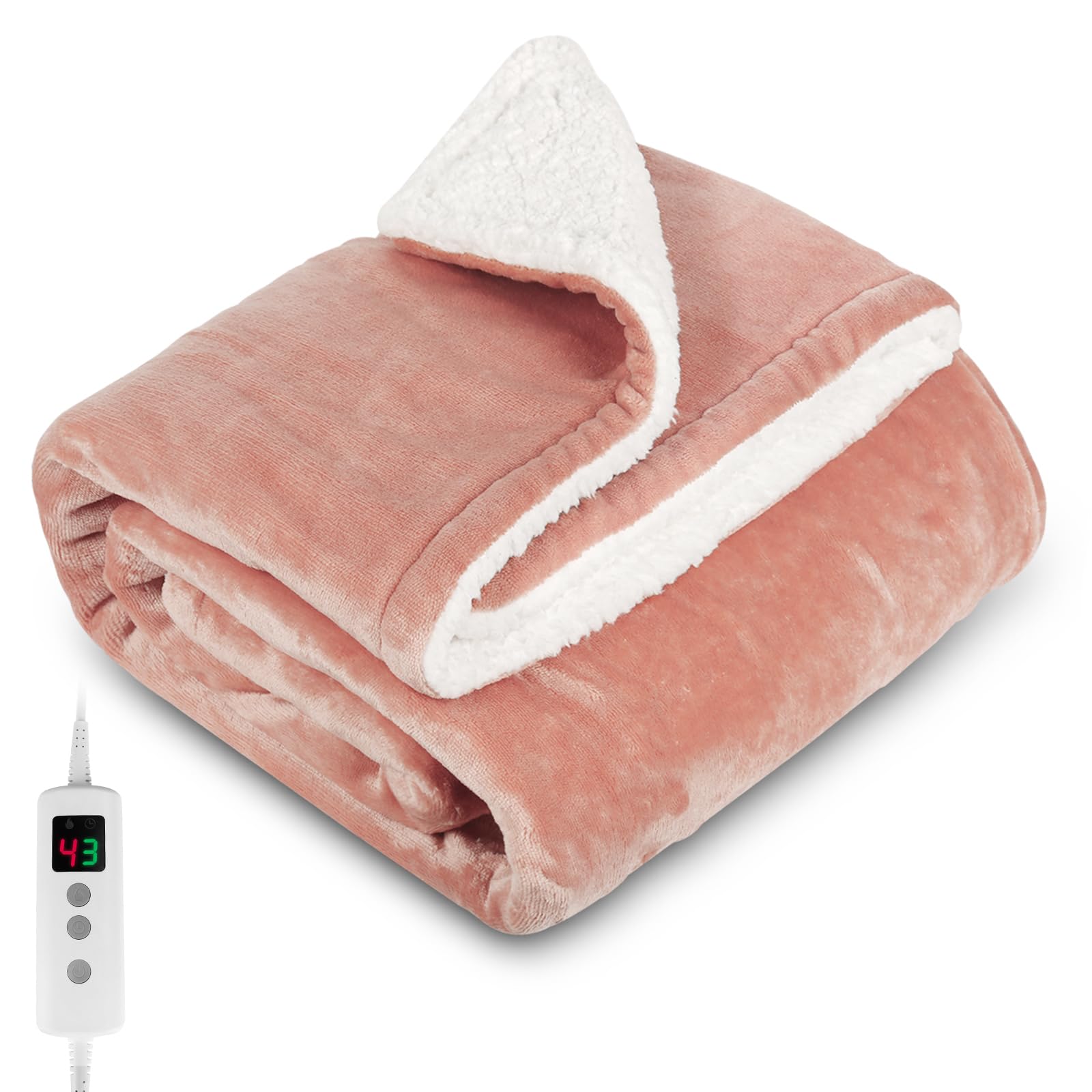 Heated Blanket, Electric heated throw 160x130CM Pink, 10 Levels &1-9H Timer Auto-Off, Mach...