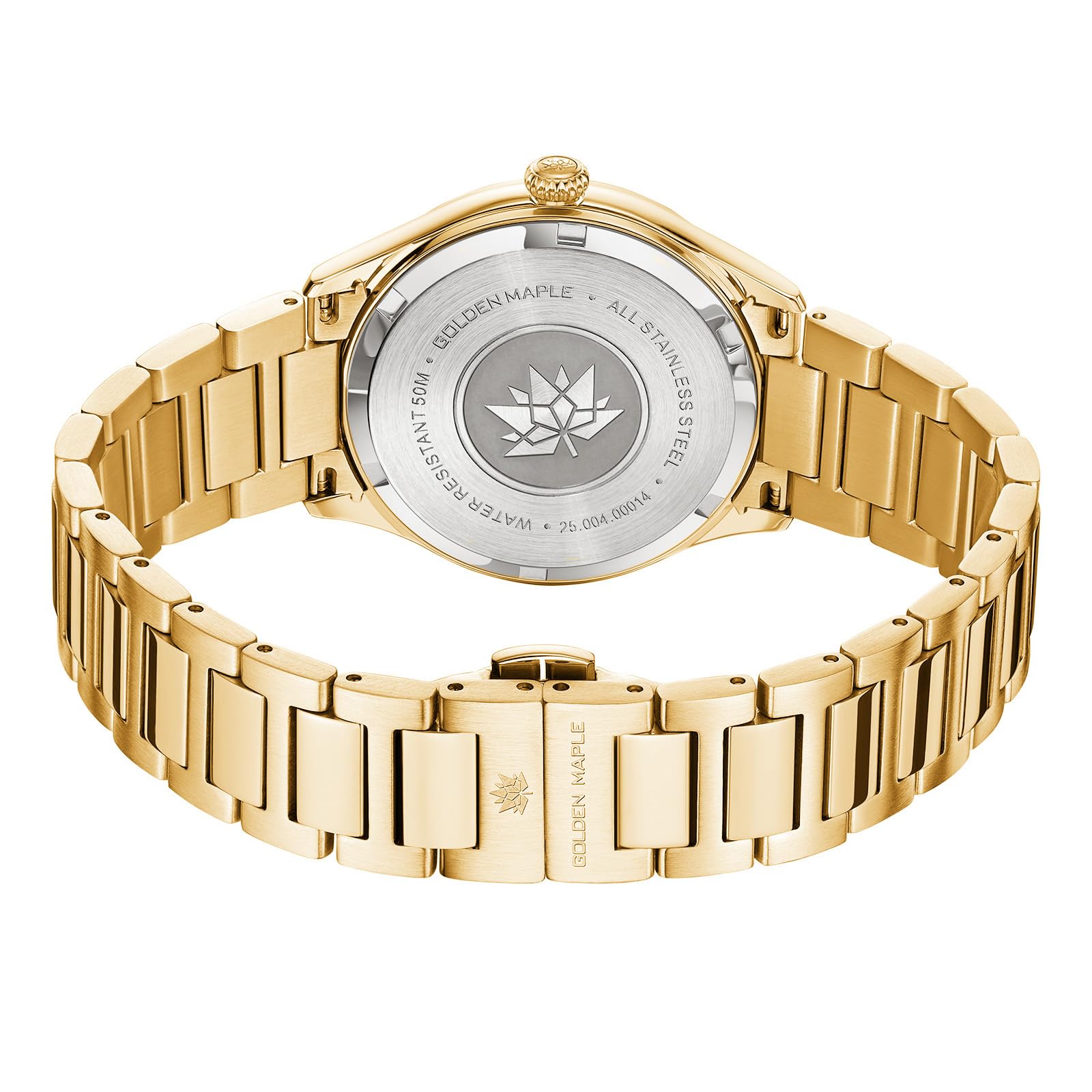 GOLDEN MAPLE Reloj de lujo de dos tonos, bisel de cristal, esfera de fase lunar, números romanos, correa de acero inoxidable plateada y dorada