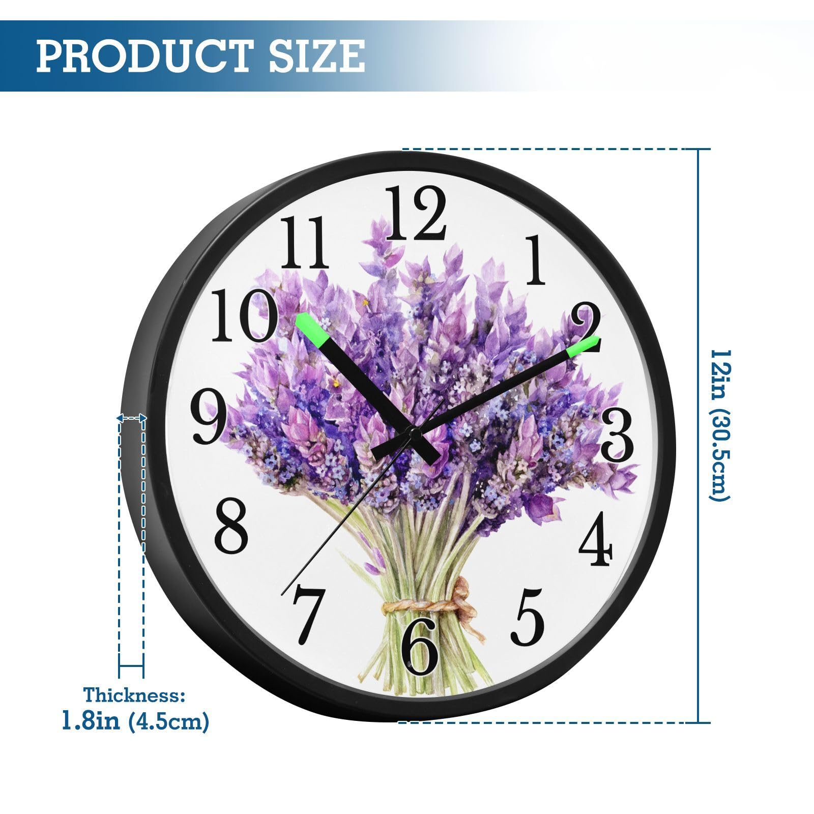 Mnsruu Reloj de pared luminoso con ramos de lavanda morada, reloj de pared que brilla en la oscuridad, funciona con pilas, 12 pulgadas, silencioso, sin tictac, luz nocturna para dormitorio