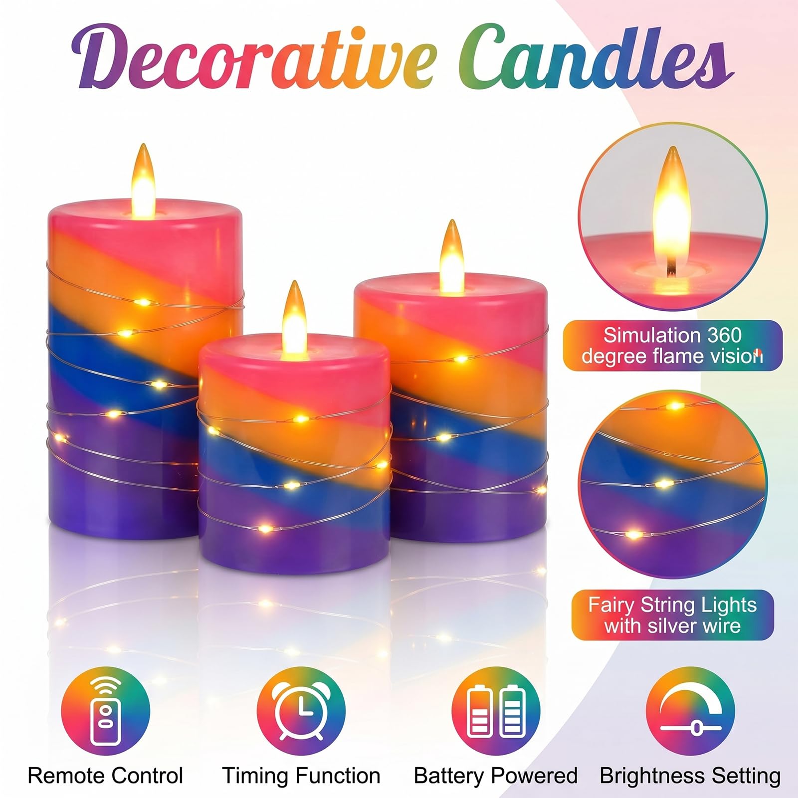 Lot de 3 bougies LED sans flamme avec guirlande lumineuse, bougies piliers multicolores en cire de paraffine avec télécommande et minuterie, bougies électriques vacillantes à piles pour atmosphère