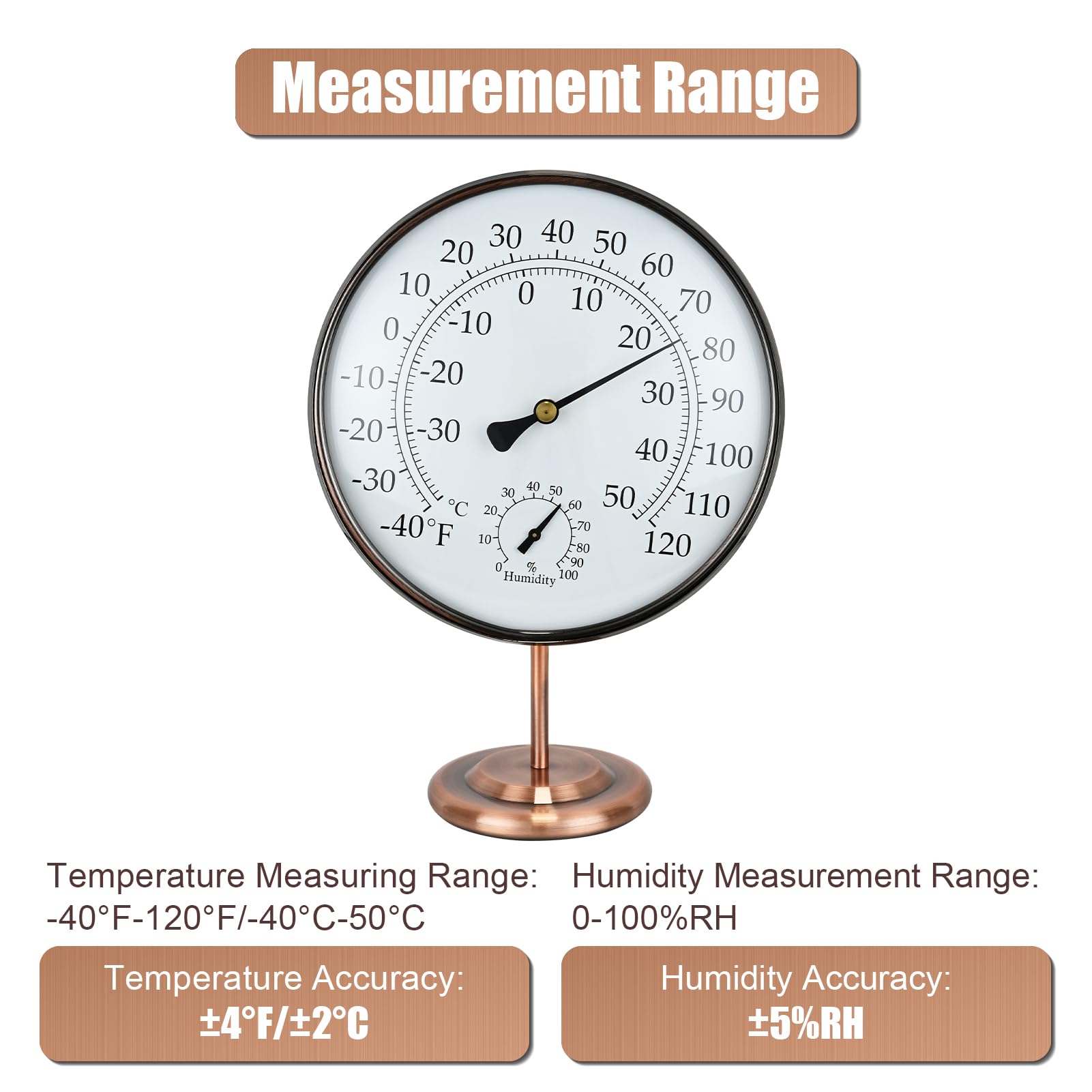 Termometro igrometro da esterno da 15,2 cm, in ottone massiccio, analogico, con supporto, non richiede batteria, igrometro per casa, ufficio, tavolo o decorativo