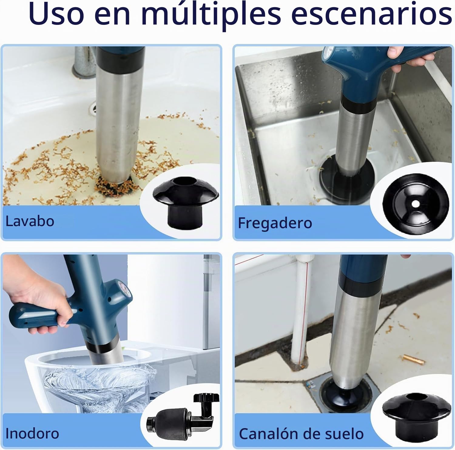 Limpiador de tuberías de aire comprimido – Desatascador de alta presión con 4 ventosas e indicador de presión de aire, bomba de aire comprimido de acero inoxidable 304 para lavabo, inodoro