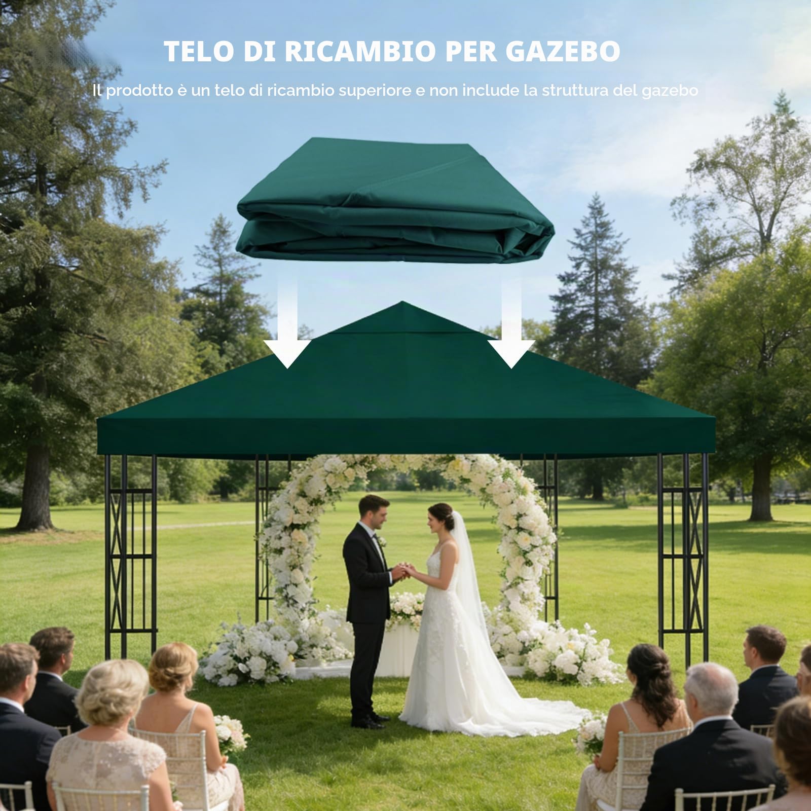 Telo di Ricambio per Gazebo 3x3m, Impermeabile e Anti-UV 300D, Copertura Rimovibile per Pergola con Fascette in Velcro Rinforzate, Ideale per Giardino, Terrazza, Campeggio e Spiaggia,Verde