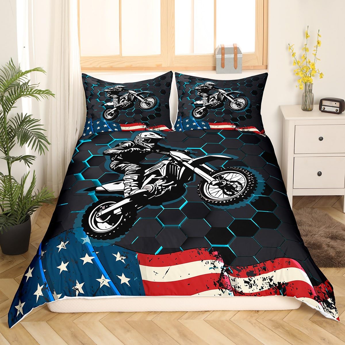 Motorcross chłopięca poszewka na kołdrę w rozmiarze M, motocykl, wyścigowy, sportowy, komfortowa poszewka z 1 poszewką na poduszkę, flaga USA, heksagonowa kołdra dla chłopców i nastolatków