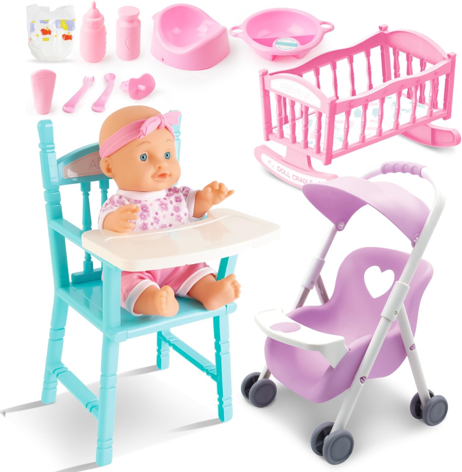 deAO Baby Doll Set Play Set includes Miniature Crib,Mobile High Chair Stroller,12PCS Baby Doll Accessories,Great Pretend Play Gift for 3+ Years Old Kids Girls Boys
