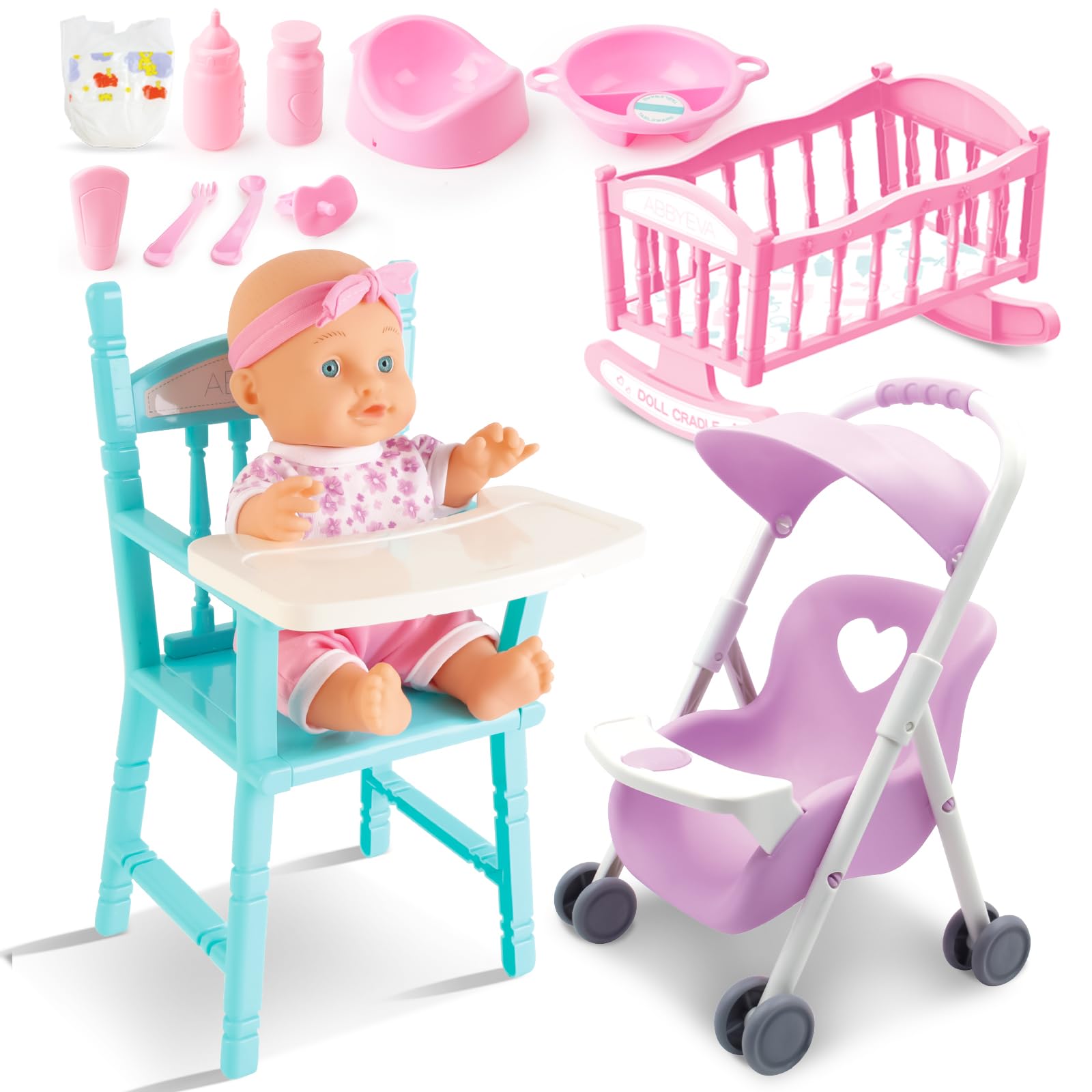 Set Gioco Finta Mamma Con Passeggino E Seggiolone Per Bambole - 28 Pezzi, Regalo Per Bambine