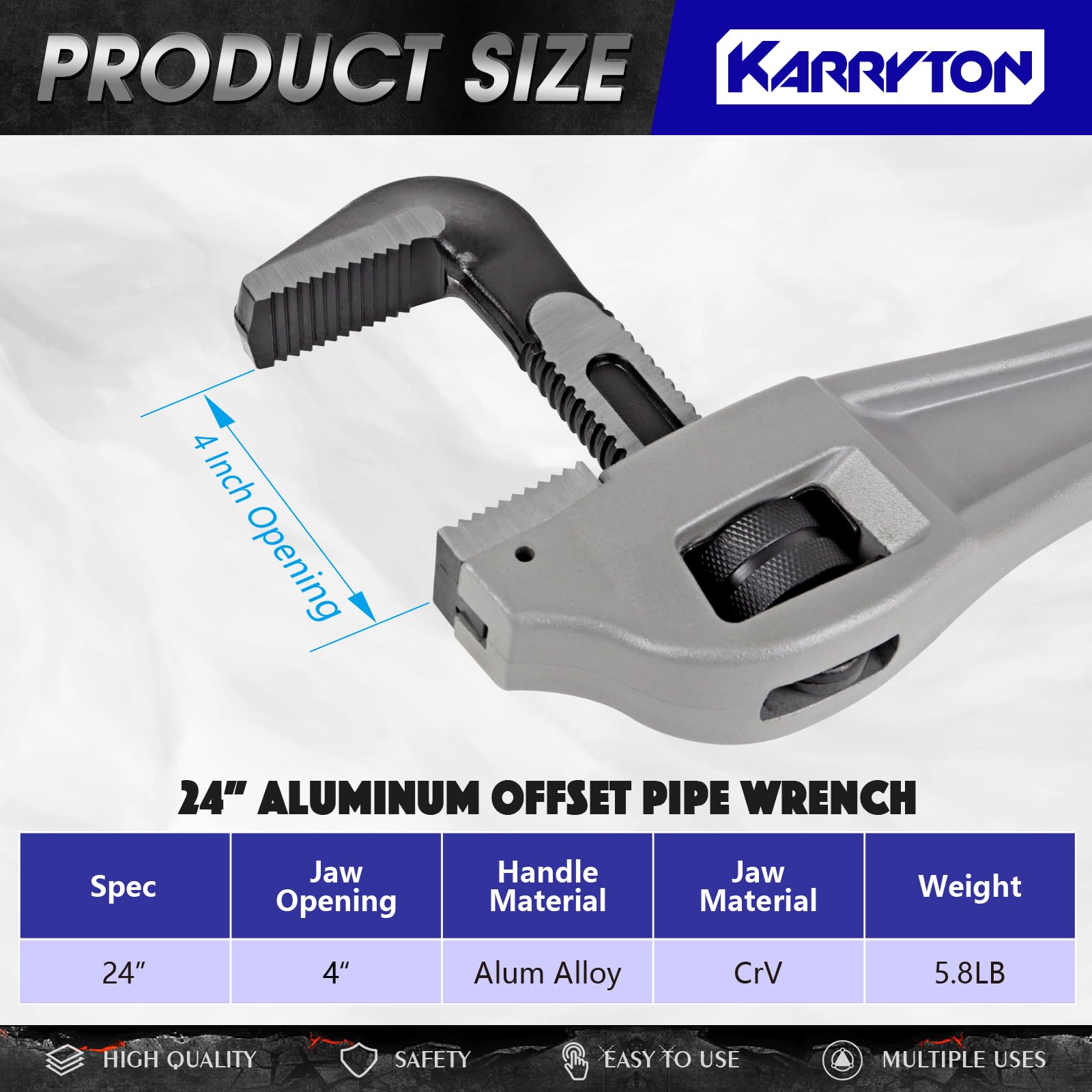 61 cm aluminiowy klucz do rur offsetowych, regulowana pojemność szczęk 4"/101 mm, wytrzymały aluminiowy uchwyt hydrauliczny klucz hydrauliczny ze szczęką ze stali kutej (CR-V), idealne