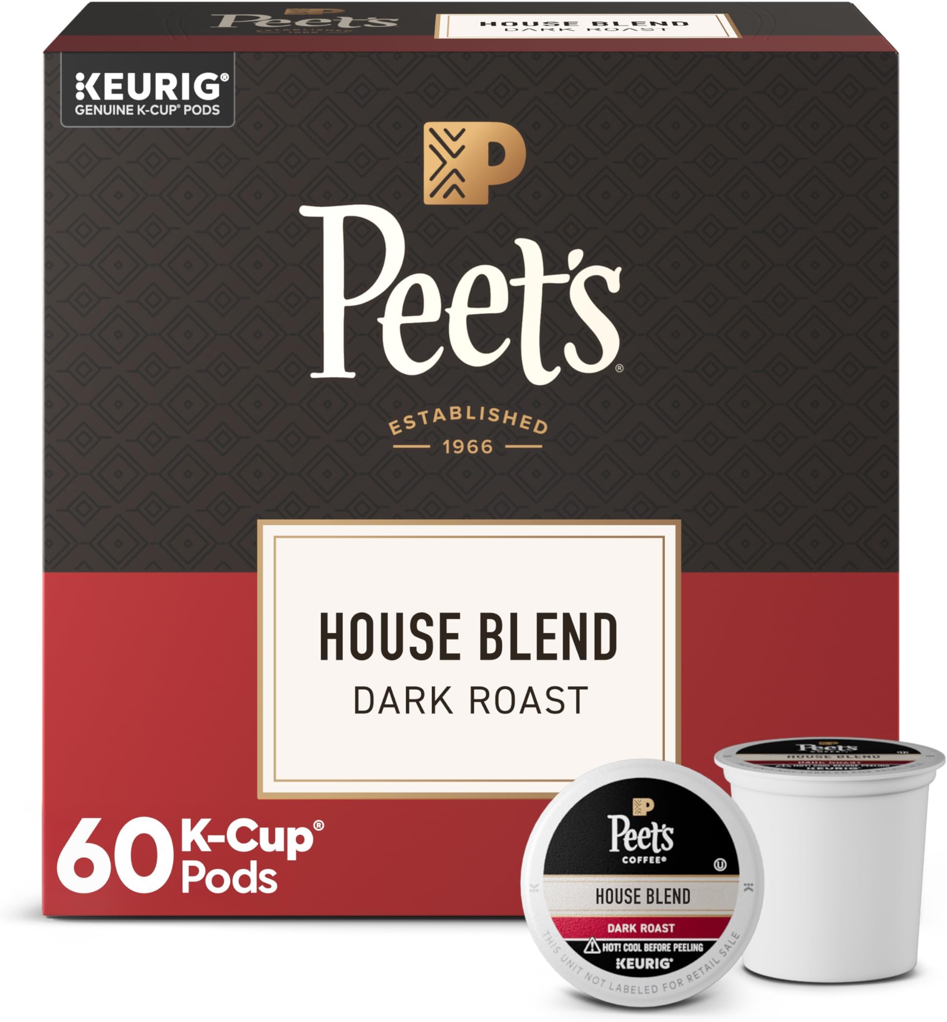 Peet's Coffee, House Blend, Dark Roast, K-Cup Pack (60 ct.), Single Cup Coffee Pods, Bright, Lively, Balanced Dark Roast Blend of Latin American Coffees, Deep Roasted for All Keurig K-Cup Brewers