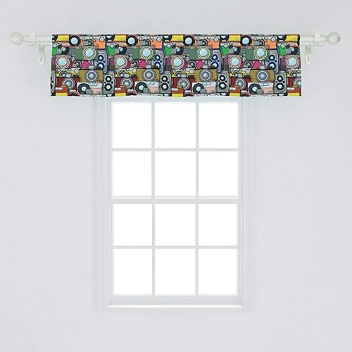 Miniatura 2 de Lunarable Retro Window Valance, Grunge Retro Camera Pattern Cartoon Style Illustration Vintage Technology Design, Curtain Valance for Kitchen
