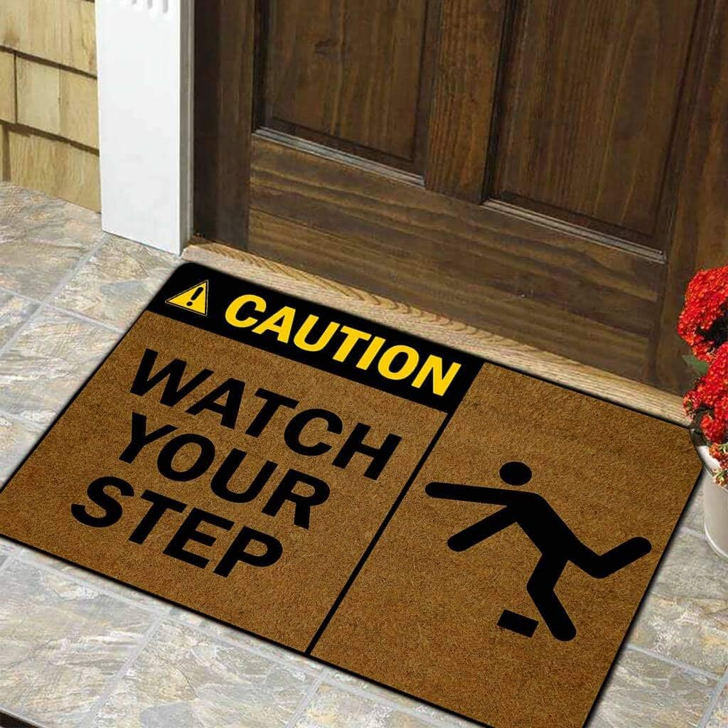 Funny Door Mat Non-Slip Back Rubber Entry Way Doormat Outside | Caution Watch Your Step | Standard Outdoor Welcome Mat | Patio Home Office Indoor | Non-Woven Fabric 18 Inch x 30 Inch