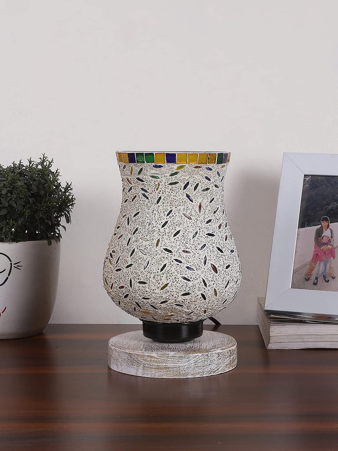Devansh White Brushed Wood Round Table lamp with Mosaic Glass -FD29