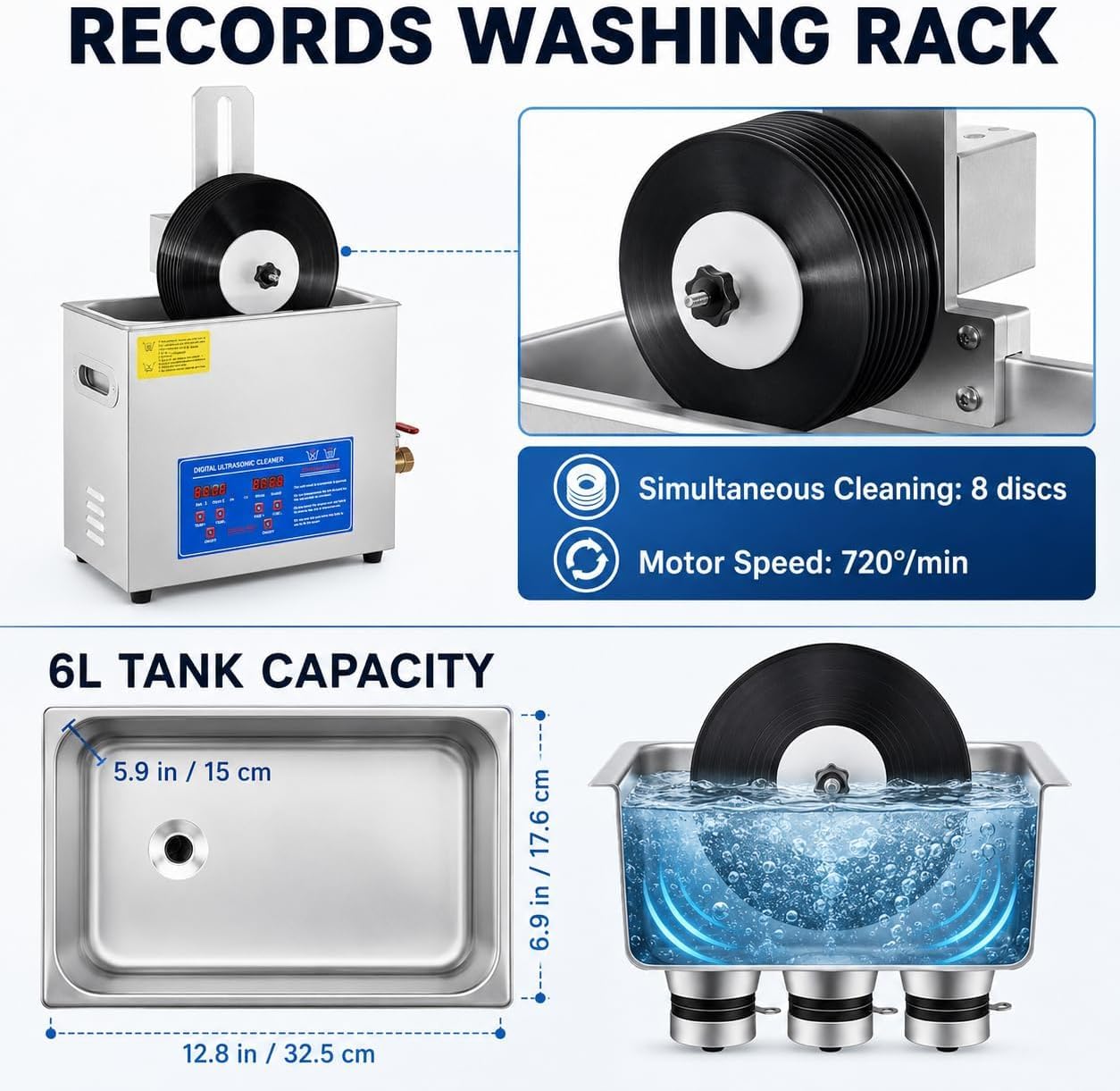 Sistema di pulizia per dischi in vinile – Pulitore automatico su entrambi i lati con timer per una manutenzione efficiente e una qualità del suono superiore, pulisce fino a 8 dischi