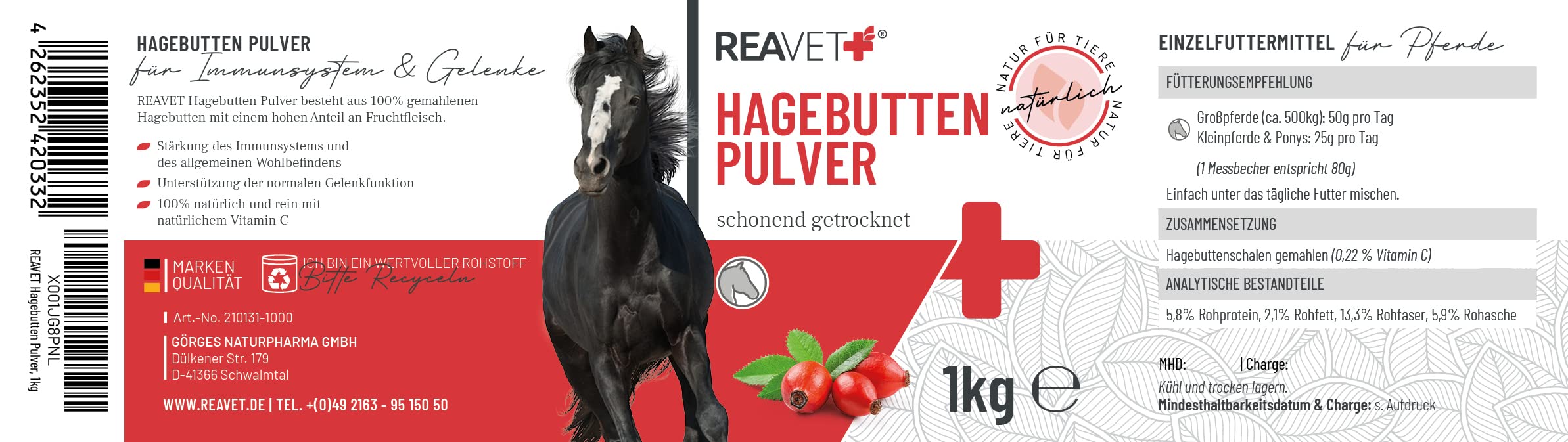 ReaVET Polvo premium de rosa mosqueta 1 kg, natural, fortalece el sistema inmunológico + función articular, rico en vitamina C, polvo articular de rosa mosqueta, sin aditivos