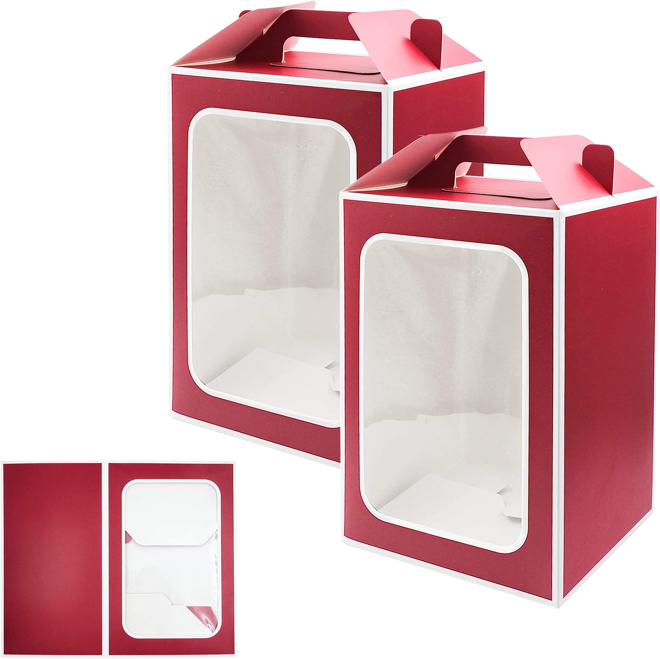 Large Gift Boxes, 10 Pcs Tote Paper Bags with Transparent Window, 9.8 x 7 x 5.1 Flower Bouquet Paper Gift Bags with Handles, Wedding Party Bags - Red