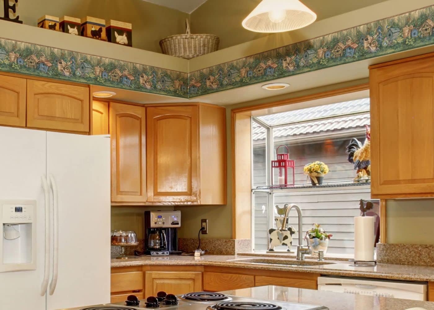 CONCORD WALLCOVERINGS ™ Prepasted Wallpaper Border Featuring Birdhouse Nature Scenery Colors Green Beige Blue Gray Size 7 Inch by 15 ft BG76310L