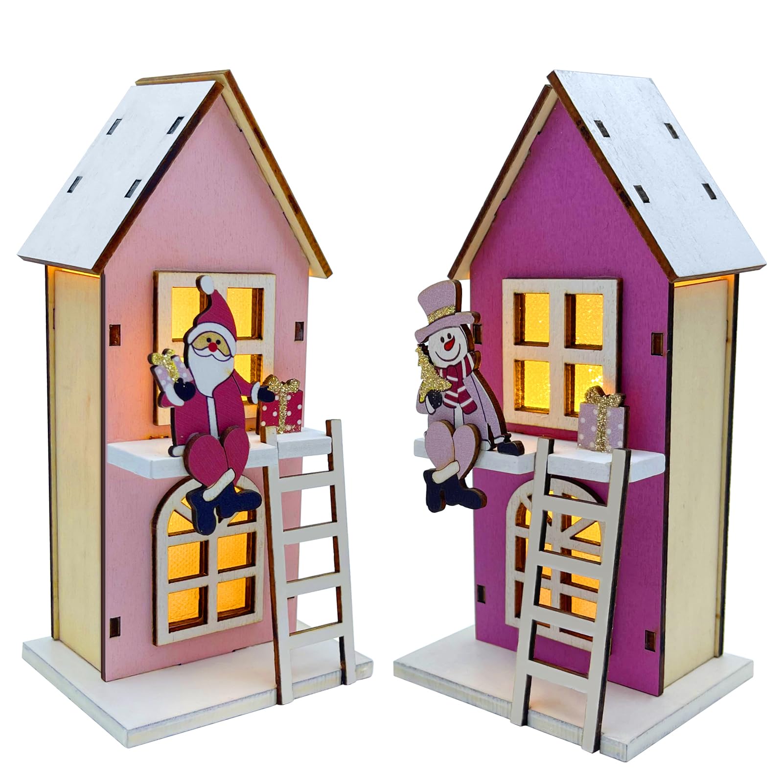 Bseical 2 Piezas Pueblo NavideñO Madera, Pueblo Navidad con Led Luz, Casitas De Navidad Decoracion, Casitas Led Navidad, Casita De Madera Miniatura, Adornos Navidad Casa, Pilas Incluidas