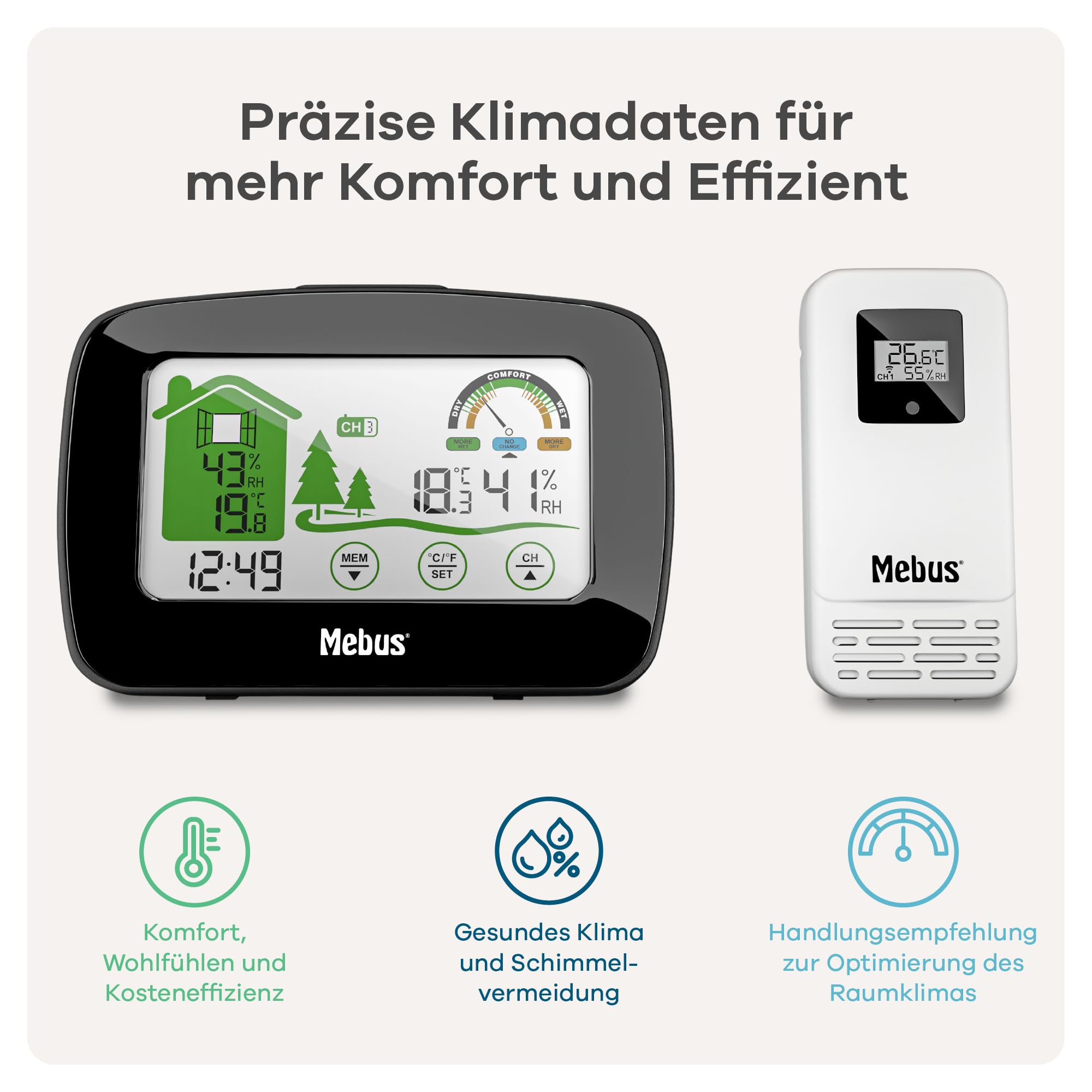 MEBUS funkgesteuerte Wetterstation mit Außensensor, Thermometer/Hygrometer (innen/außen), Wohlfühlindikator bewertet Raumklima, Min-/Max-Funktion, Beleuchtung, Wecker, Farbe: Weiß, Modell: 40903