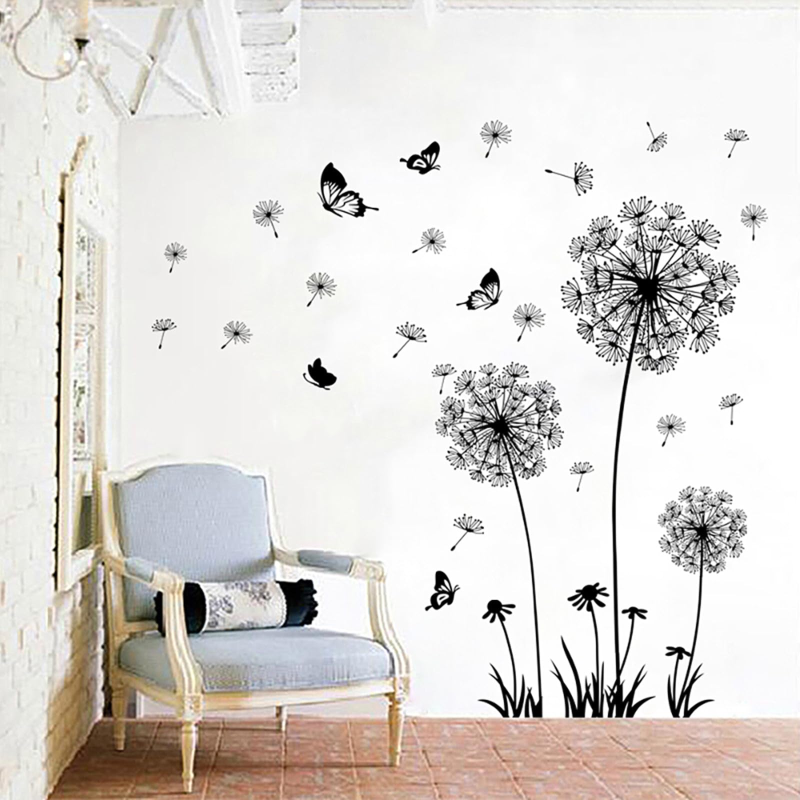 Adesivo Murale,Nero Adesivi Murali Tarassaco,Adesivi da Parete Tarassaco Farfalla Stickers,Piante Adesivi Murali,Murales Adesivi Parete Soggiorno Camera Letto Cameretta Cucina Bagno Ingresso
